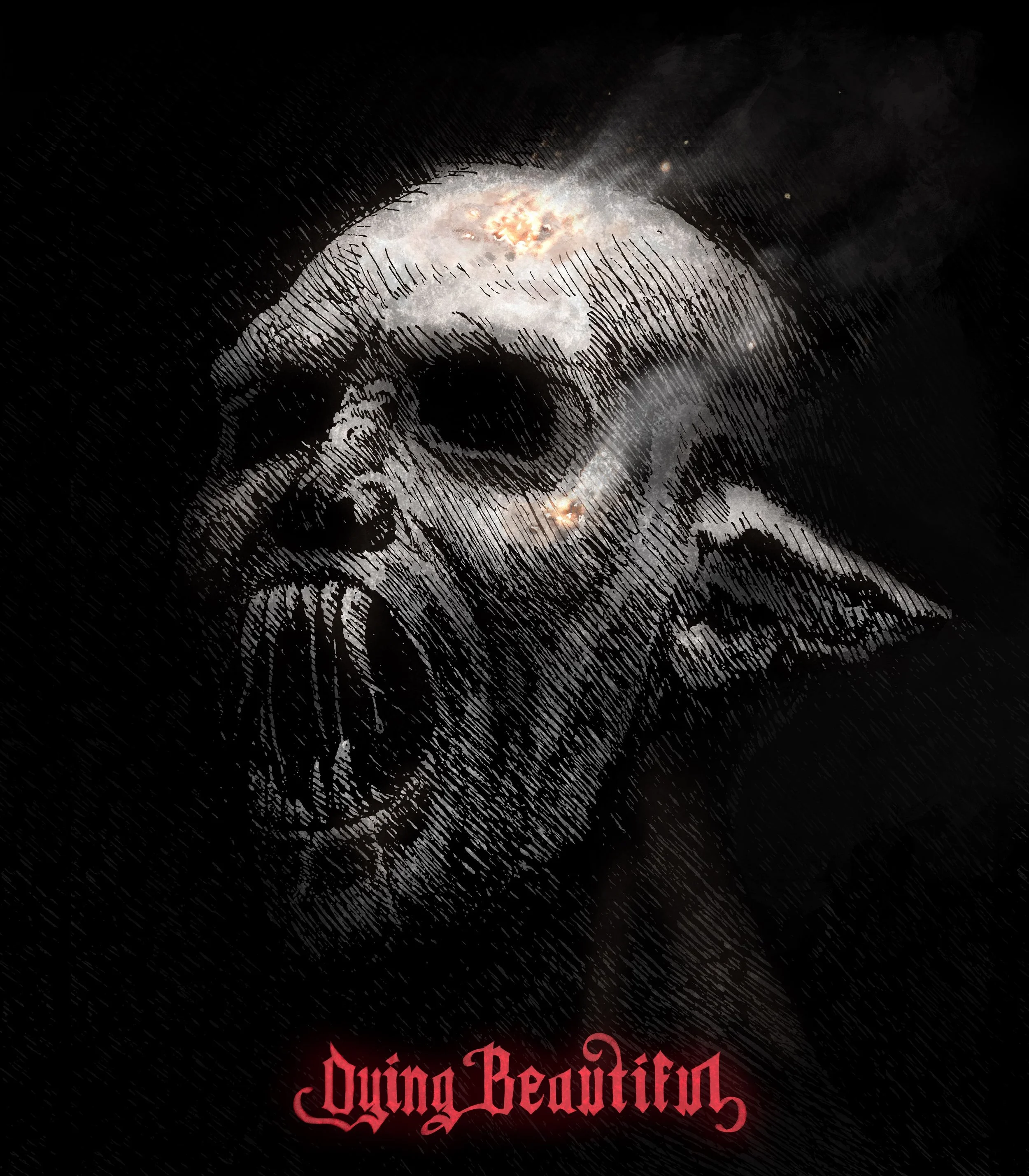 An illustration of a vampire with dark eyes and an open mouth, by the artist Lotoravos. The text 'Dying Beautiful' is written in red at the bottom.