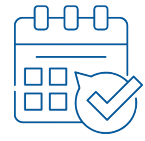 Calendar icon with a check mark badge, representing a scheduled or completed event.