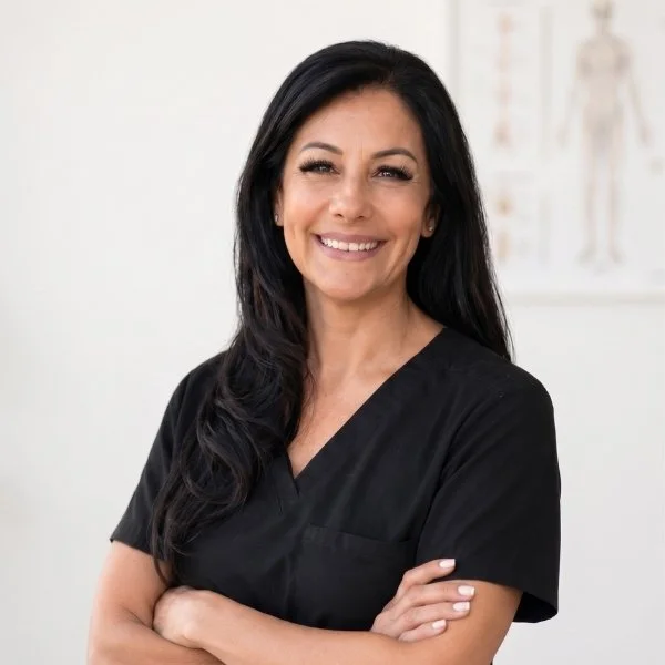 Dr Valencia  with long black hair, smiling, wearing a black medical scrub top, standing in a medical office or clinic.