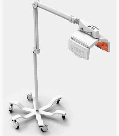 Medical laser therapy device with adjustable arm mounted on a wheeled stand.