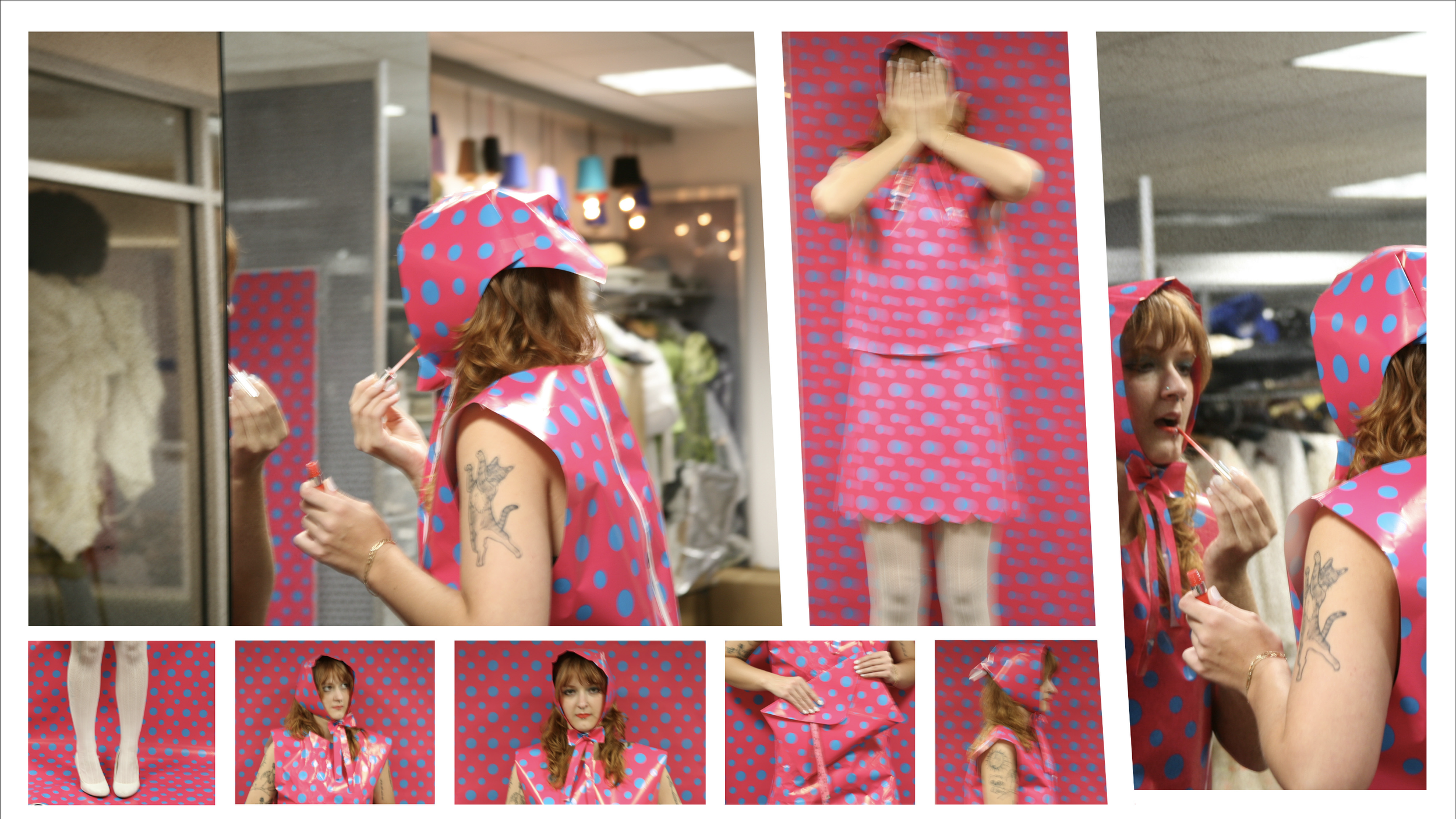 A woman with tattoos on her arm, wearing a pink polka dot outfit with a hood, is applying lipstick and holding a lipstick tube in a dressing room. She has red hair, a nose piercing, and is seen in multiple poses, including covering her face and using