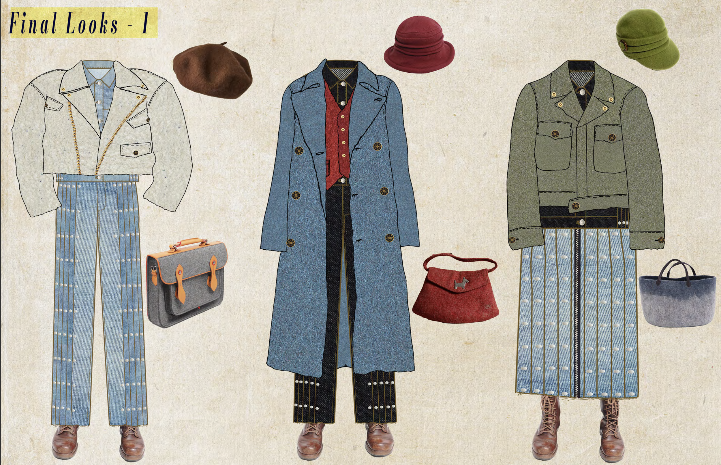 Illustration of three outfits with accessories labeled 'Final Looks - 1'. The first outfit features a cream-colored jacket with blue striped pants, a light blue shirt, and a brown hat, paired with brown shoes and an orange and gray bag. The second ou