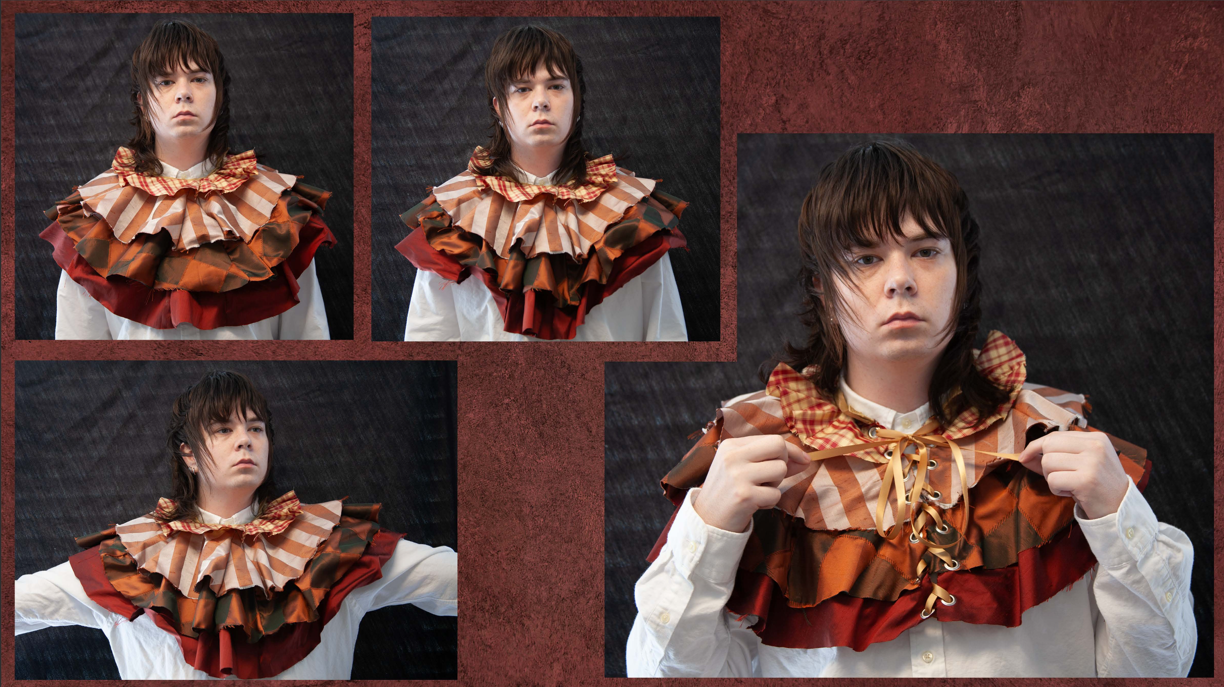 Collage of a young person with shoulder-length dark hair wearing a ruffled, multicolored scarf with plaid, red, orange, and beige shades and a white shirt, in different poses against a dark background.