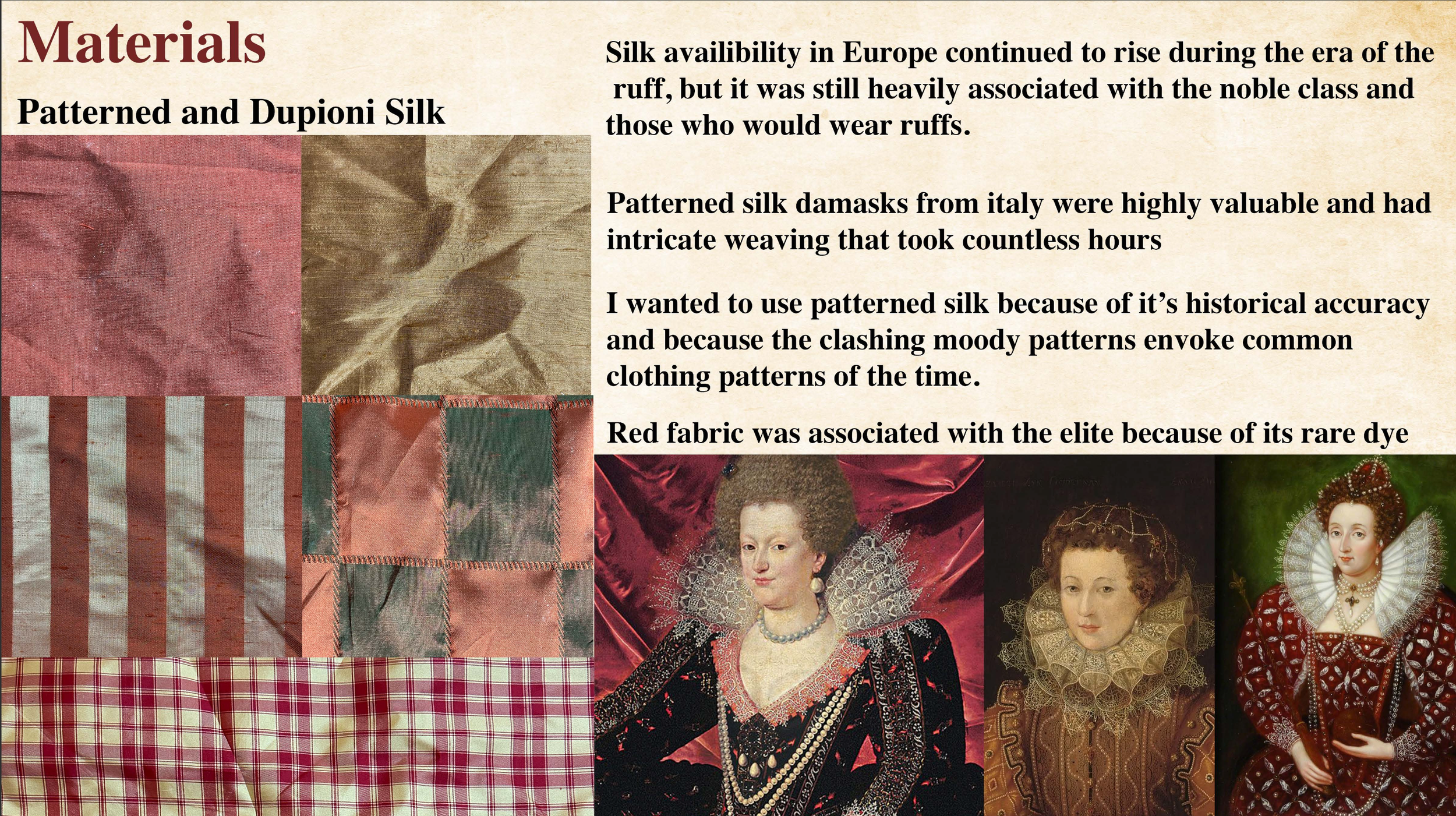 A historical informational display about patterned and Dupioni silk, featuring fabric samples in pink, red, and striped patterns, along with portraits of noblewomen in elaborate attire.