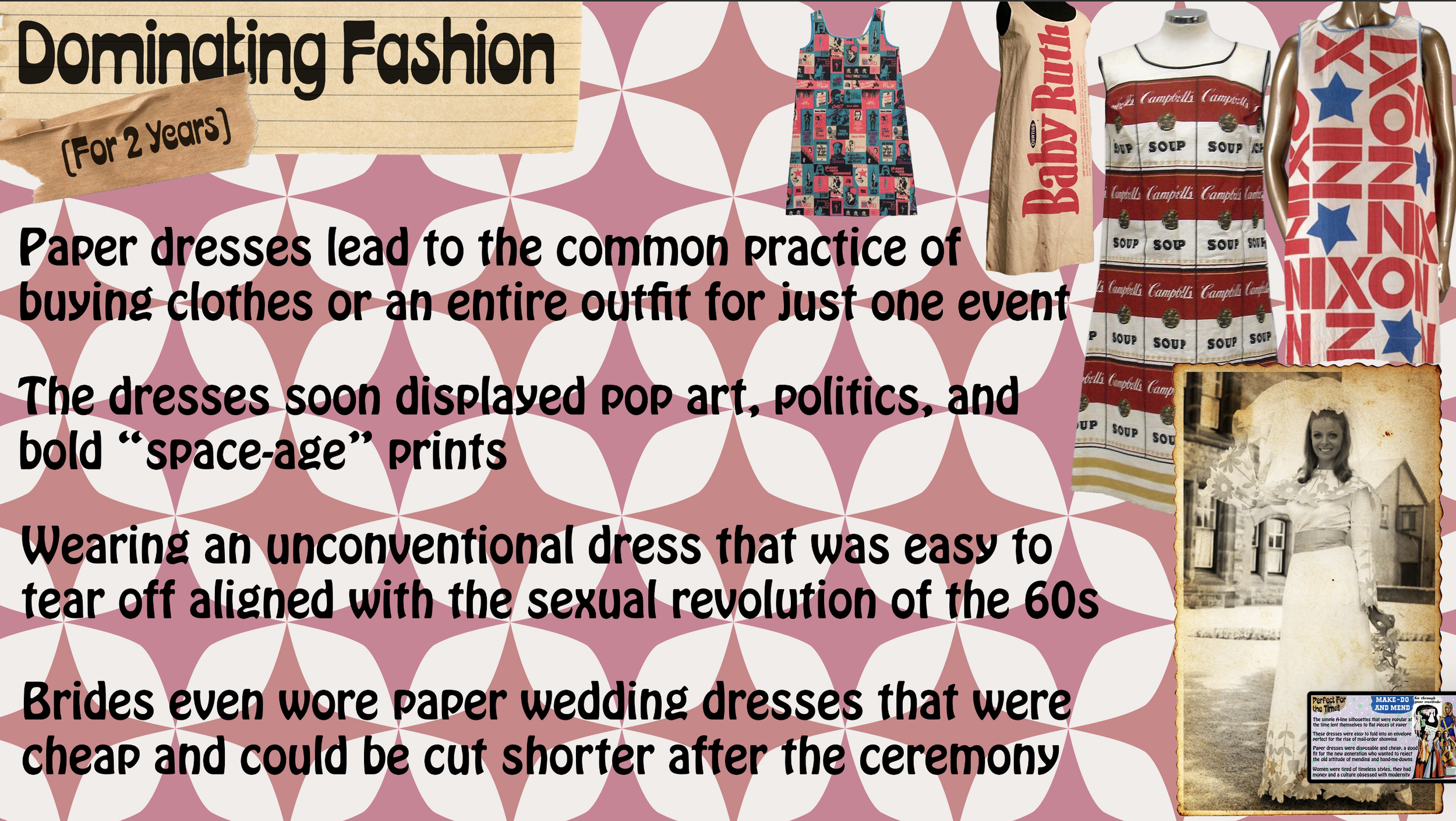 A collage with a pink and white geometric background, featuring vintage and modern dresses, and text about paper dresses and fashion History. The text discusses the cultural significance of paper dresses, their display in pop art and politics, and th