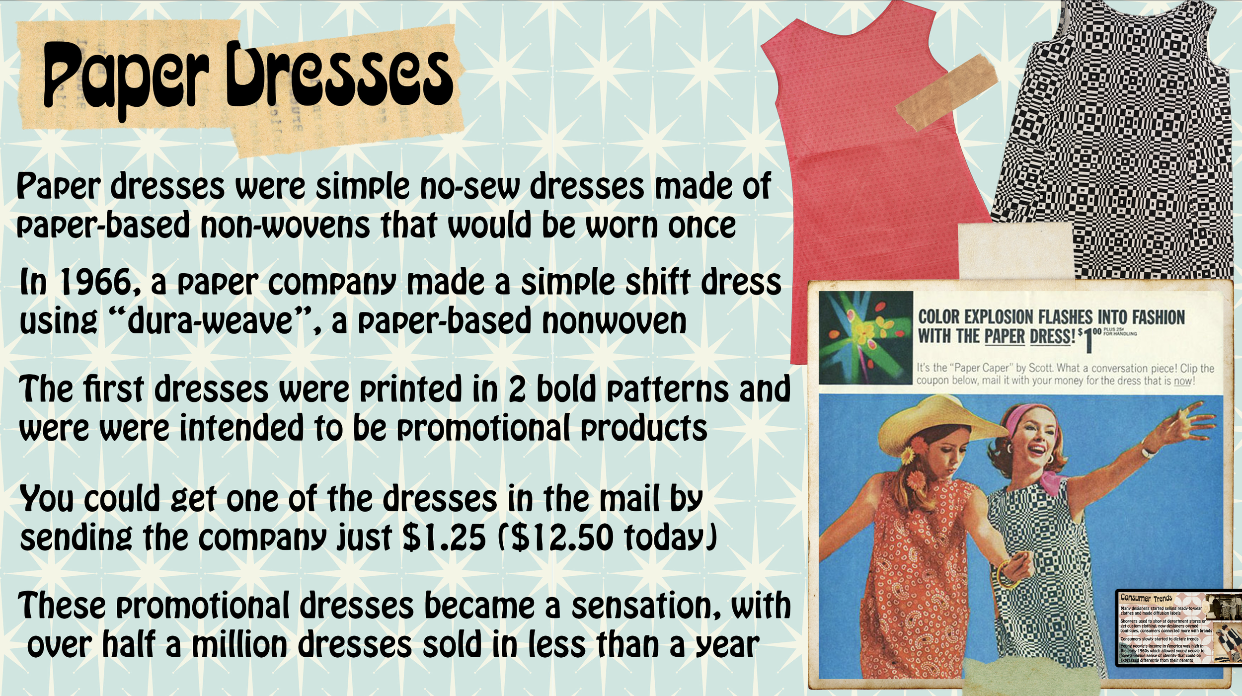 An informational graphic about paper dresses, featuring examples of paper dresses and vintage advertisements.