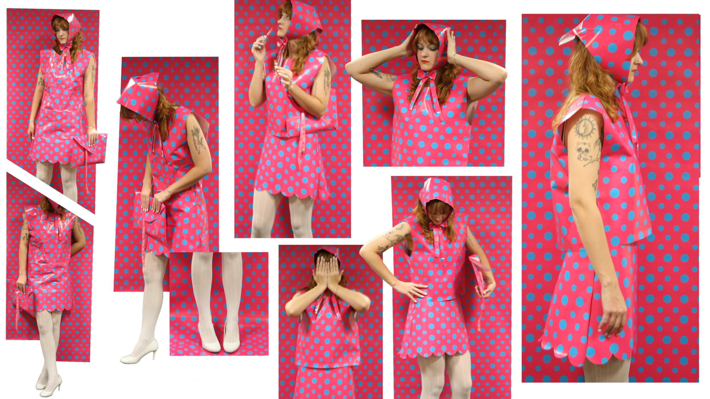 A woman in a pink dress with blue polka dots, a matching polka-dot hat, and white tights and high heels, shown in various poses against a pink and blue polka-dotted background. She has tattoos on her arms and is holding a pink clutch and a pink book 