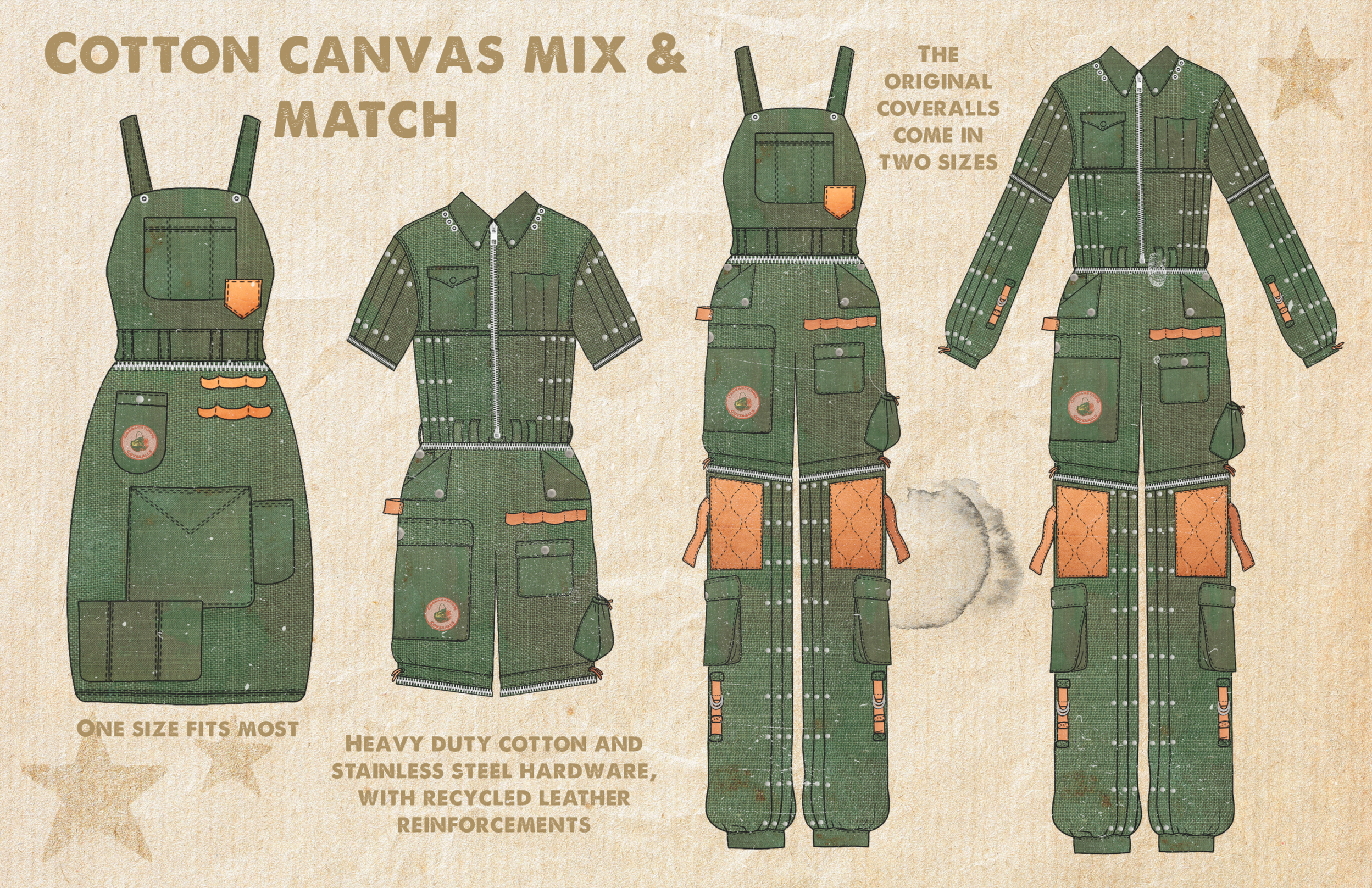 Illustration of four green camouflage coveralls made from cotton canvas fabric, all matching in design and different in size. The coveralls feature multiple pockets, zippers, and adjustable straps, with orange patches and accents, including patches o