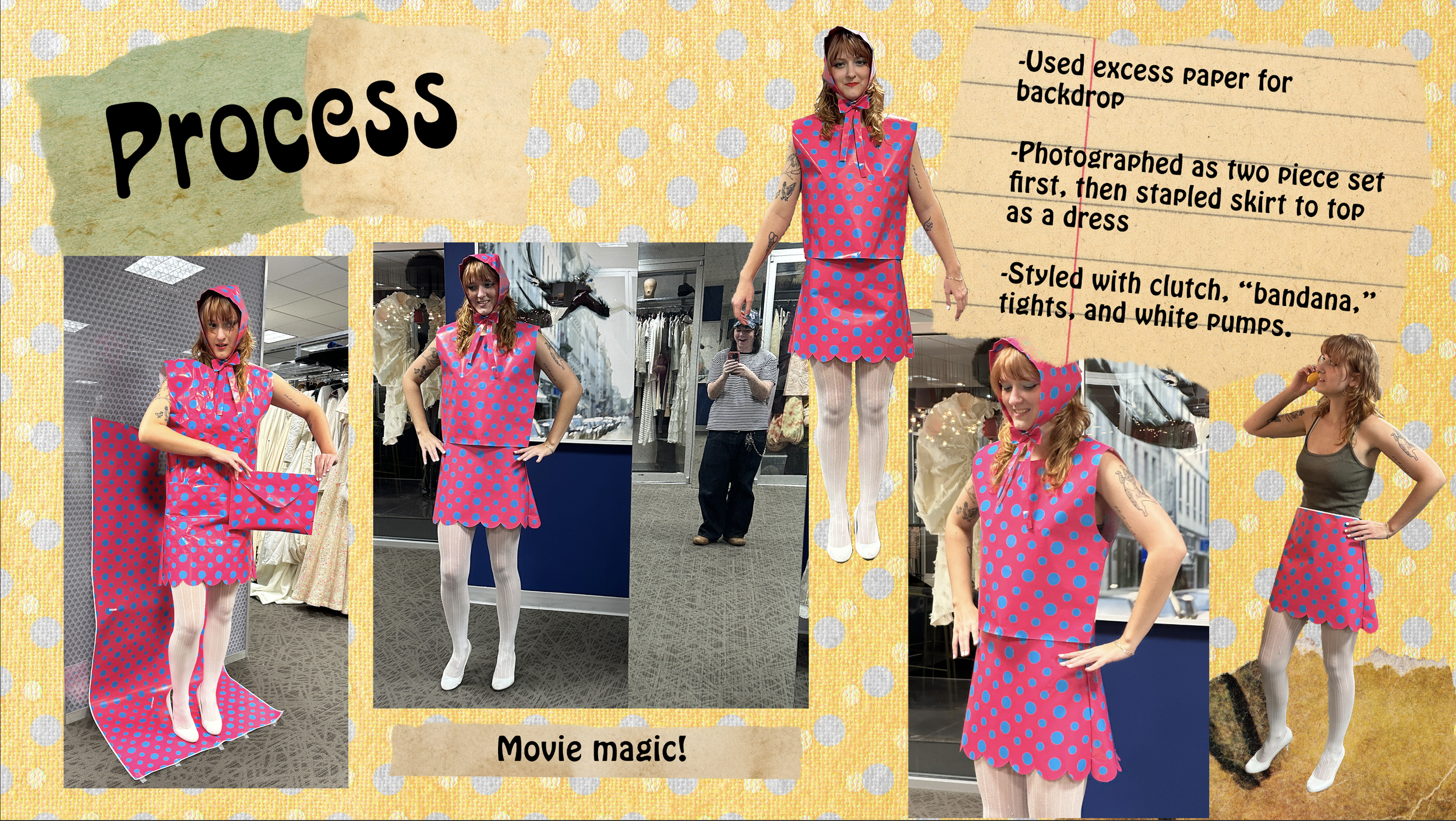 A collage showing a woman in a pink dress with blue polka dots being transformed with paper to resemble a dress, styled with clutch, tights, and white pumps, in a process with multiple photos of her interacting with the paper and accessories.
