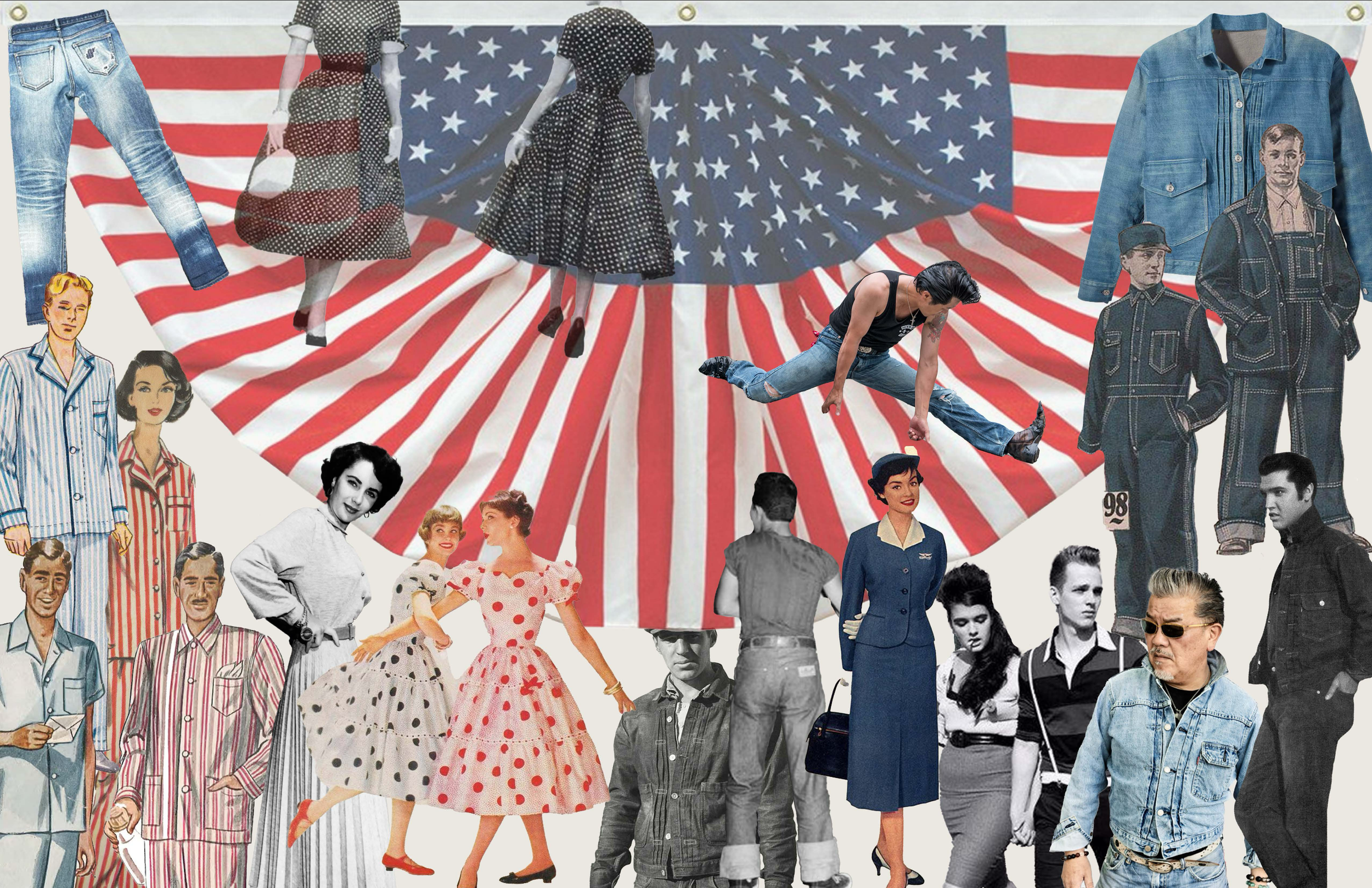 Collage with vintage fashion illustrations, black-and-white photographs of people, a flag-themed fabric background, and a photo of a woman doing a split