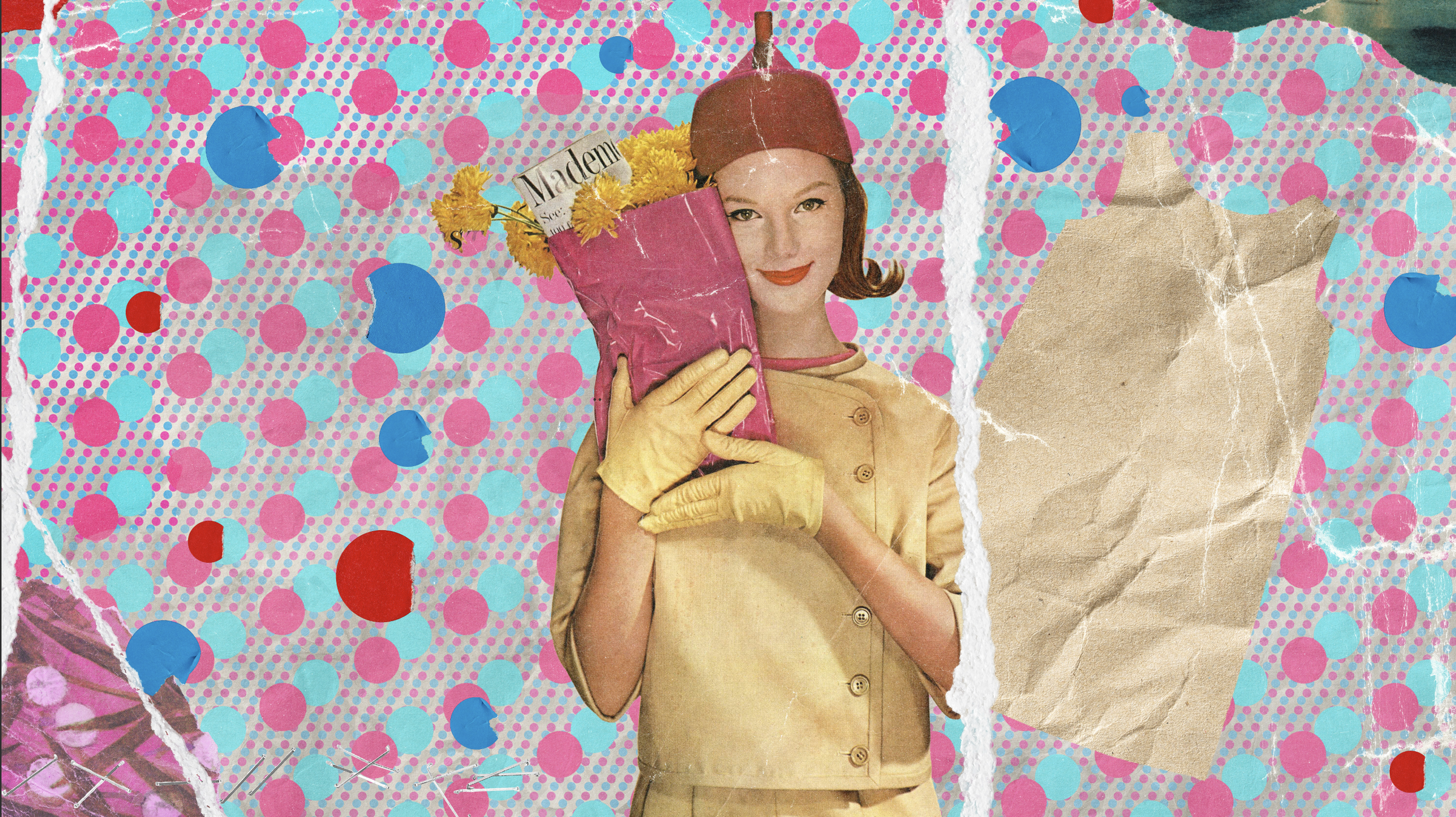 A woman with red hair wearing a yellow vintage outfit and gloves, holding a pink bouquet of flowers and a paper with the word 'Mademoiselle', against a colorful, polka-dotted background with torn paper pieces.