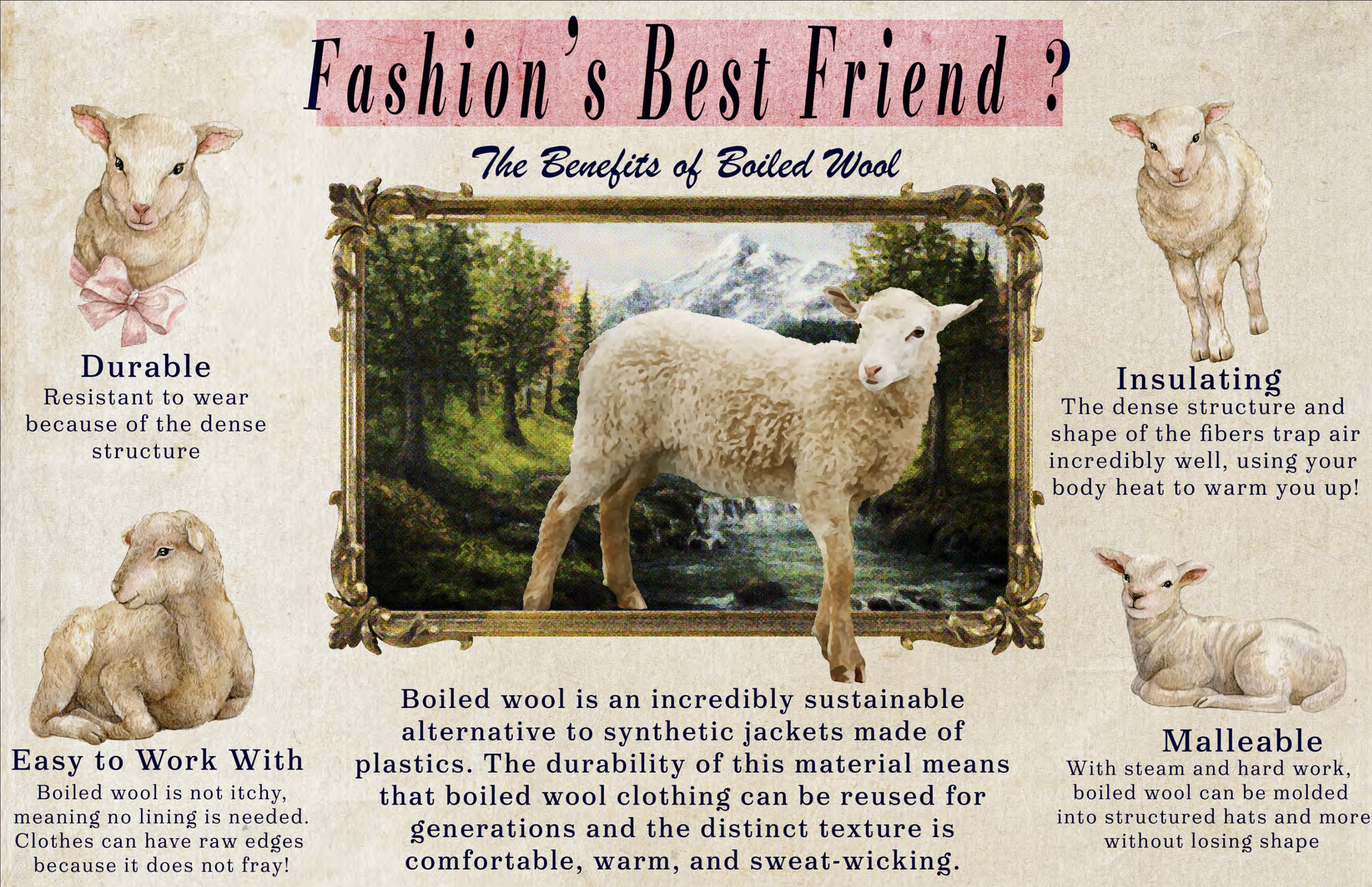 An illustrated informational poster about the benefits of boiled wool for fashion, featuring sheep and descriptions of its durability, insulation, ease of work, sustainability, and malleability.