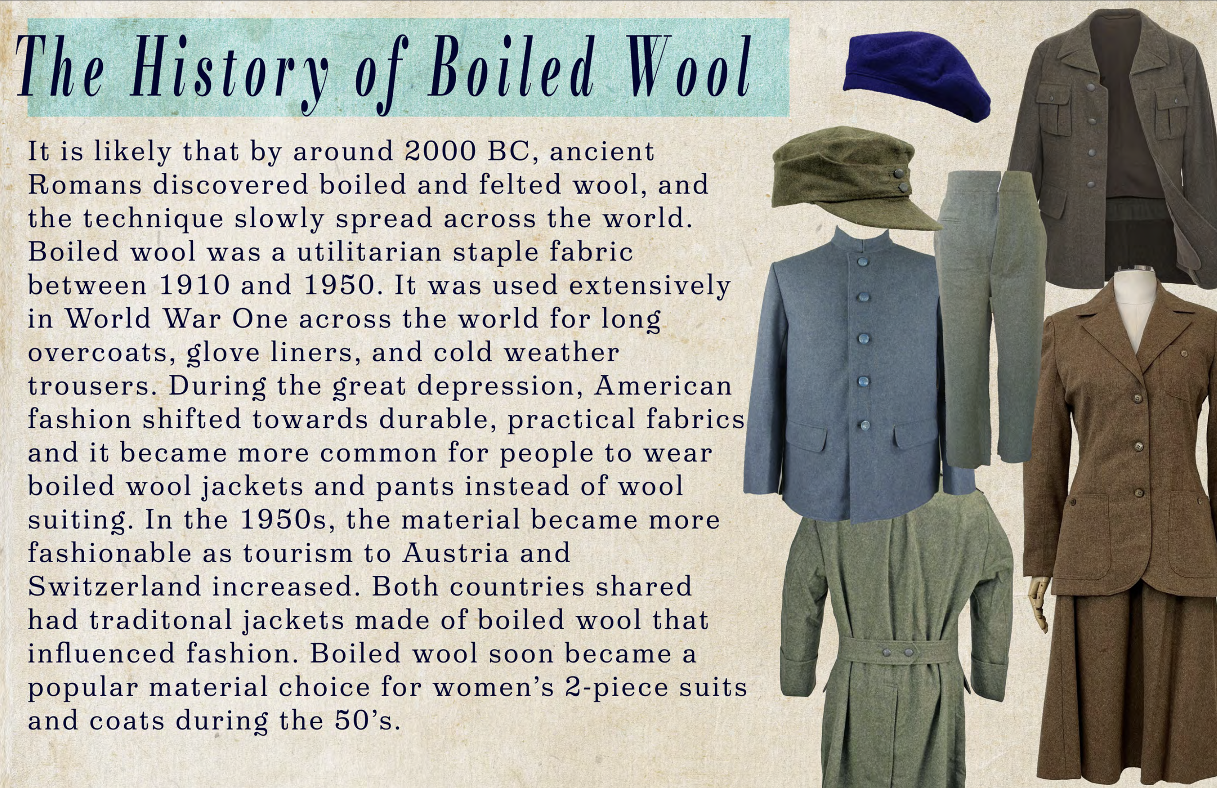 A display of vintage women's and men's brown, blue, and green wool jackets, coats, and hats. The image supports an informational panel about the history of boiled wool, featuring textual content and various wool garments.
