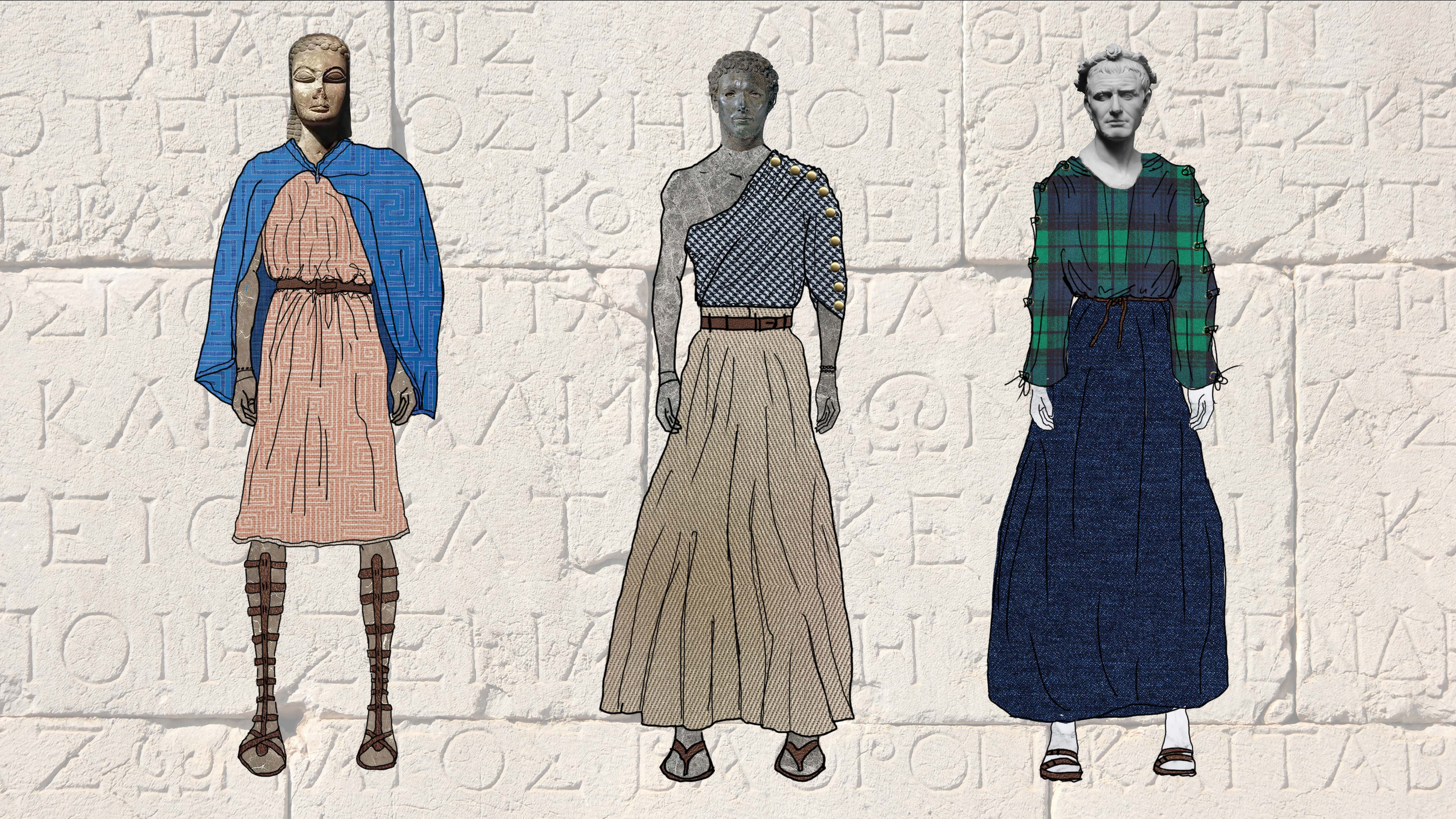 Three sculptures of women wearing fashion-inspired clothing, set against a background of carved letter engravings.