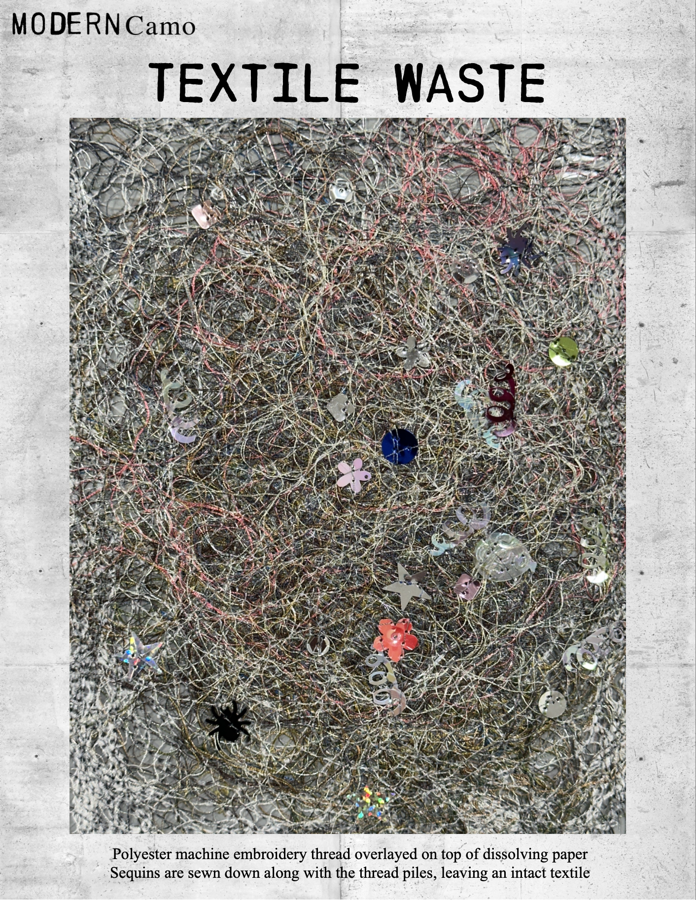 Close-up of tangled metallic threads and sequins on dissolving paper, labeled as textile waste with aranged sequins sewn along the thread piles.