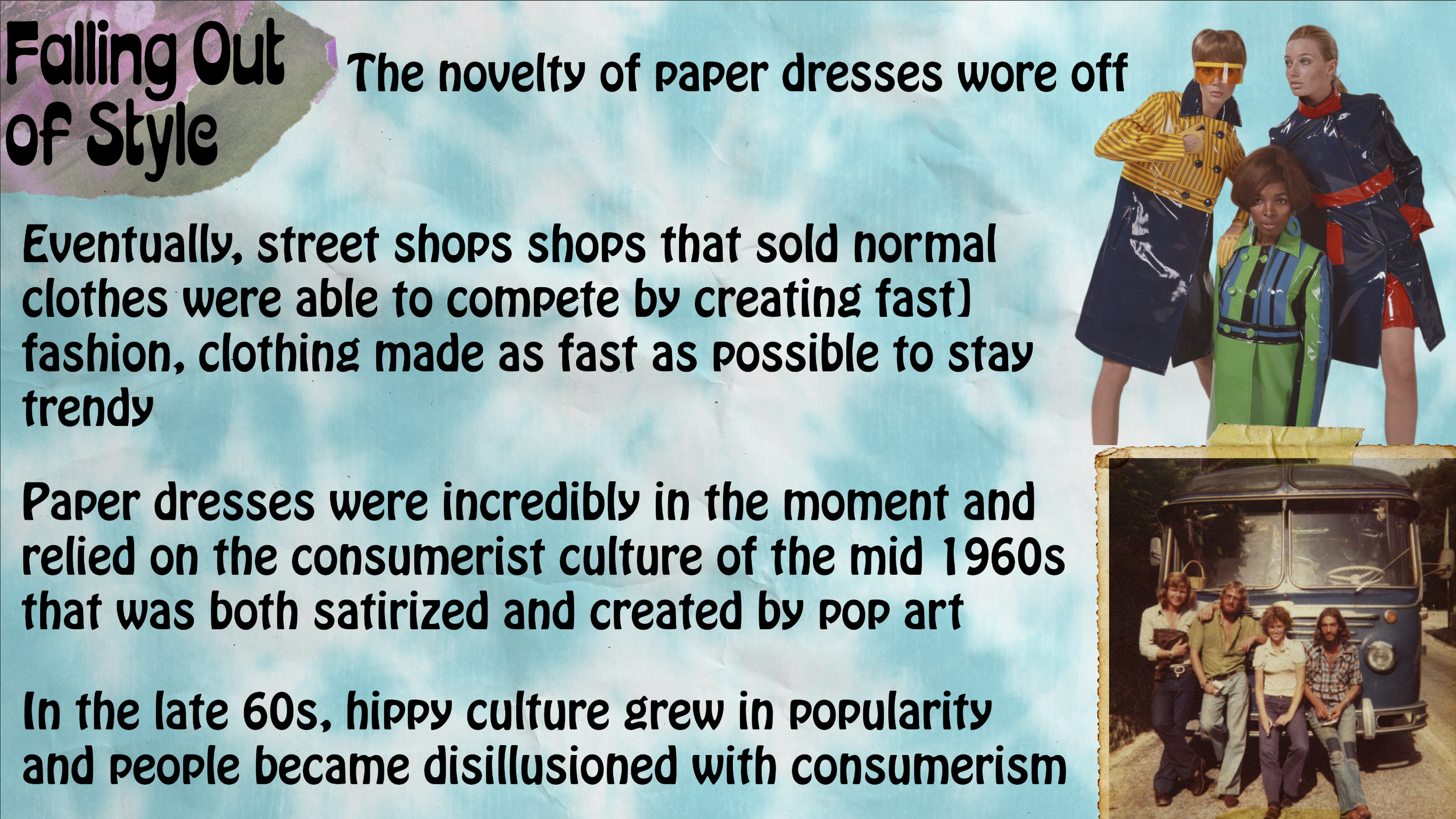 A colorful collage with a blue sky background, featuring vintage fashion photos, Text about paper dress fashion evolution, and a group of people standing in front of a bus.