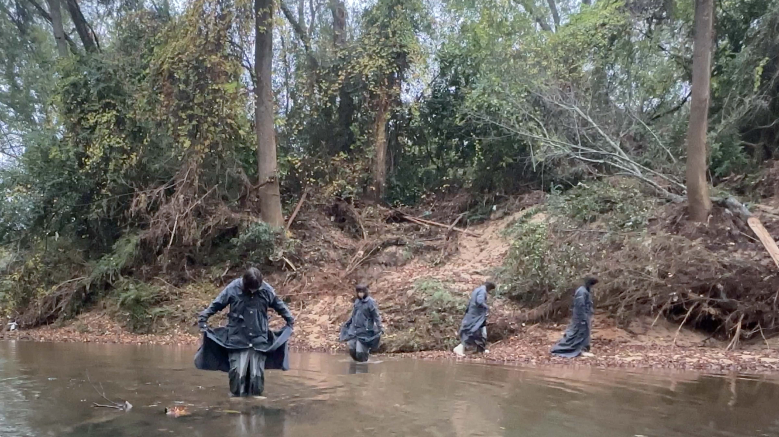 Four people wade through a shallow river near a forested bank, with trees and fallen branches in the background, on a cloudy day.