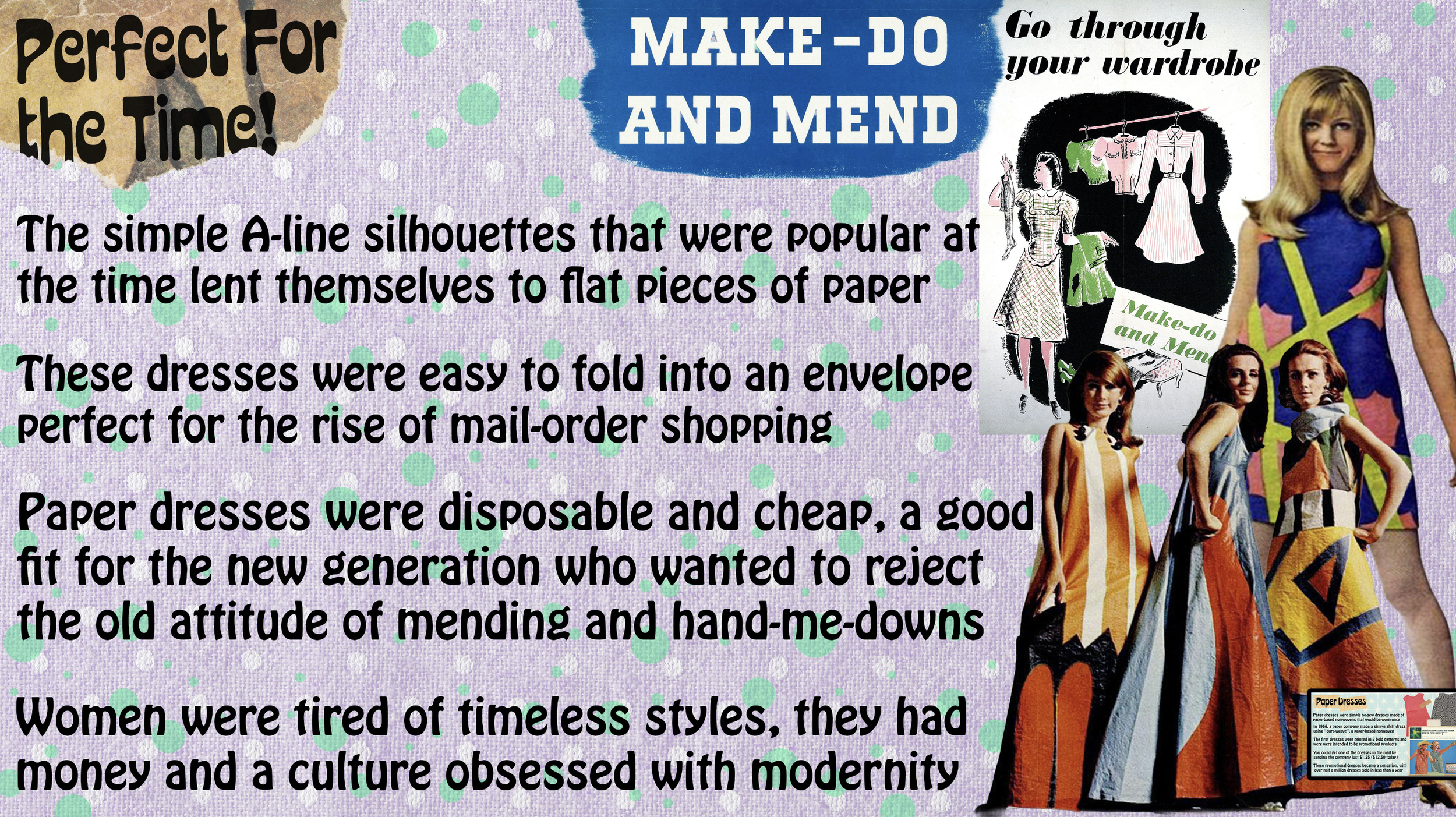 A colorful educational display about the history of paper dresses, featuring vintage fashion images and text.