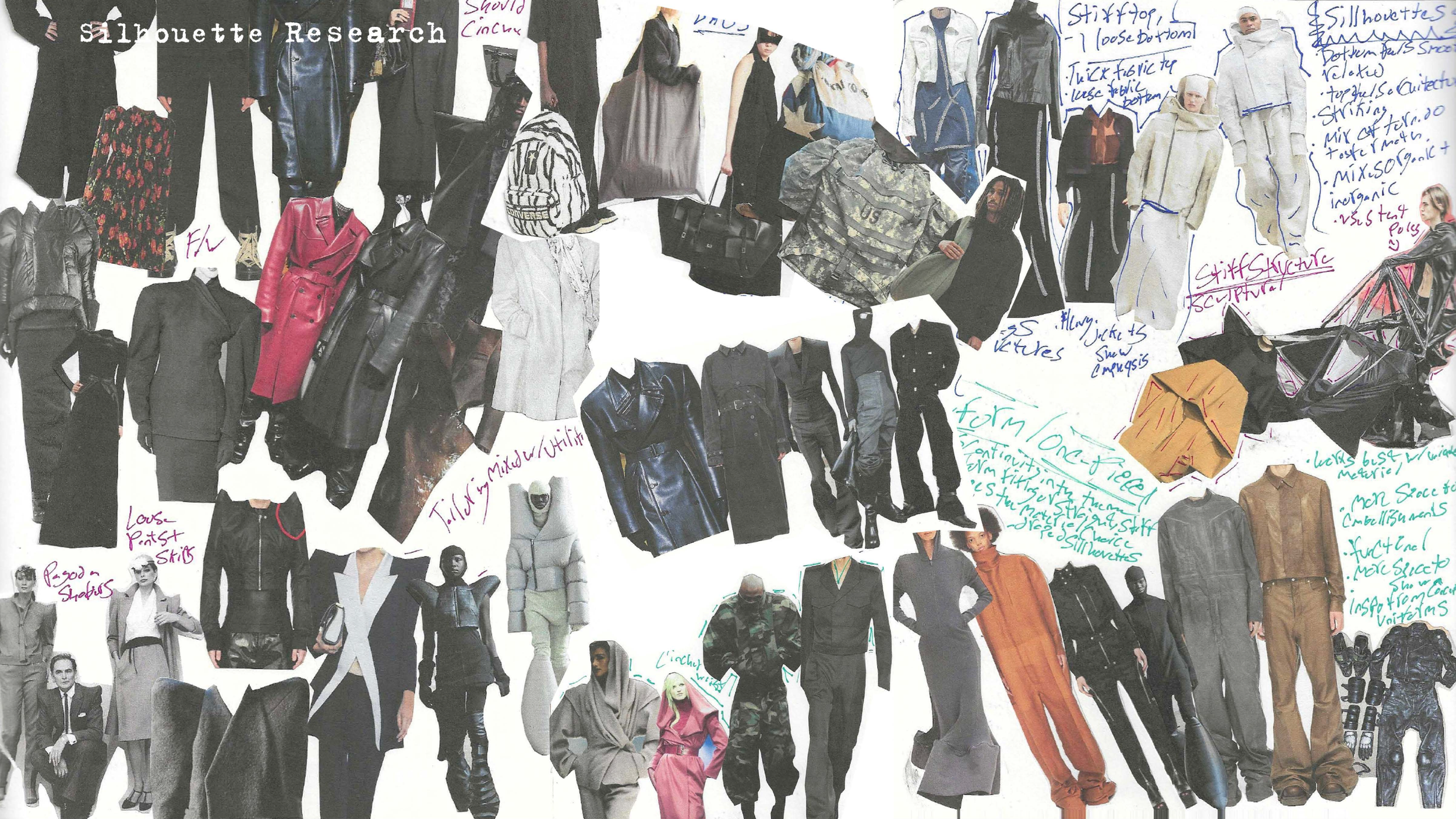 Collage of various fashion sketches and photographs of apparel, including jackets, skirts, and dresses, with notes and annotations written in colorful ink.