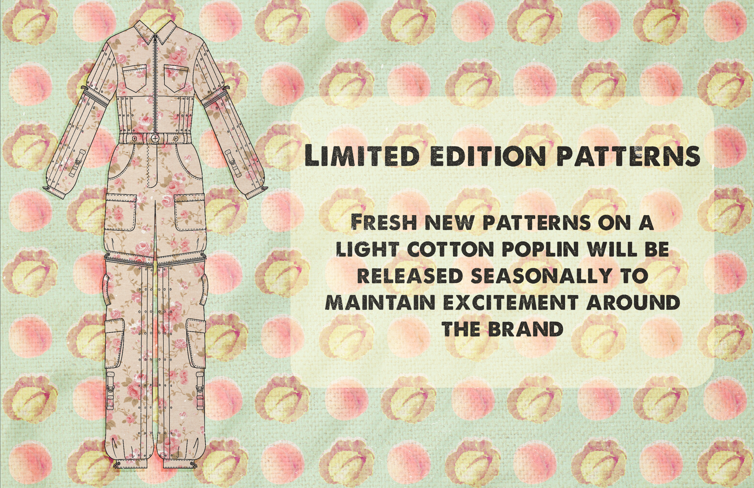 Illustration of a floral jumpsuit with a camo pattern, zipper front, pockets, and rolled-up sleeves, accompanied by a background with a pink and yellow flower print and text about limited edition patterns on light cotton poplin.
