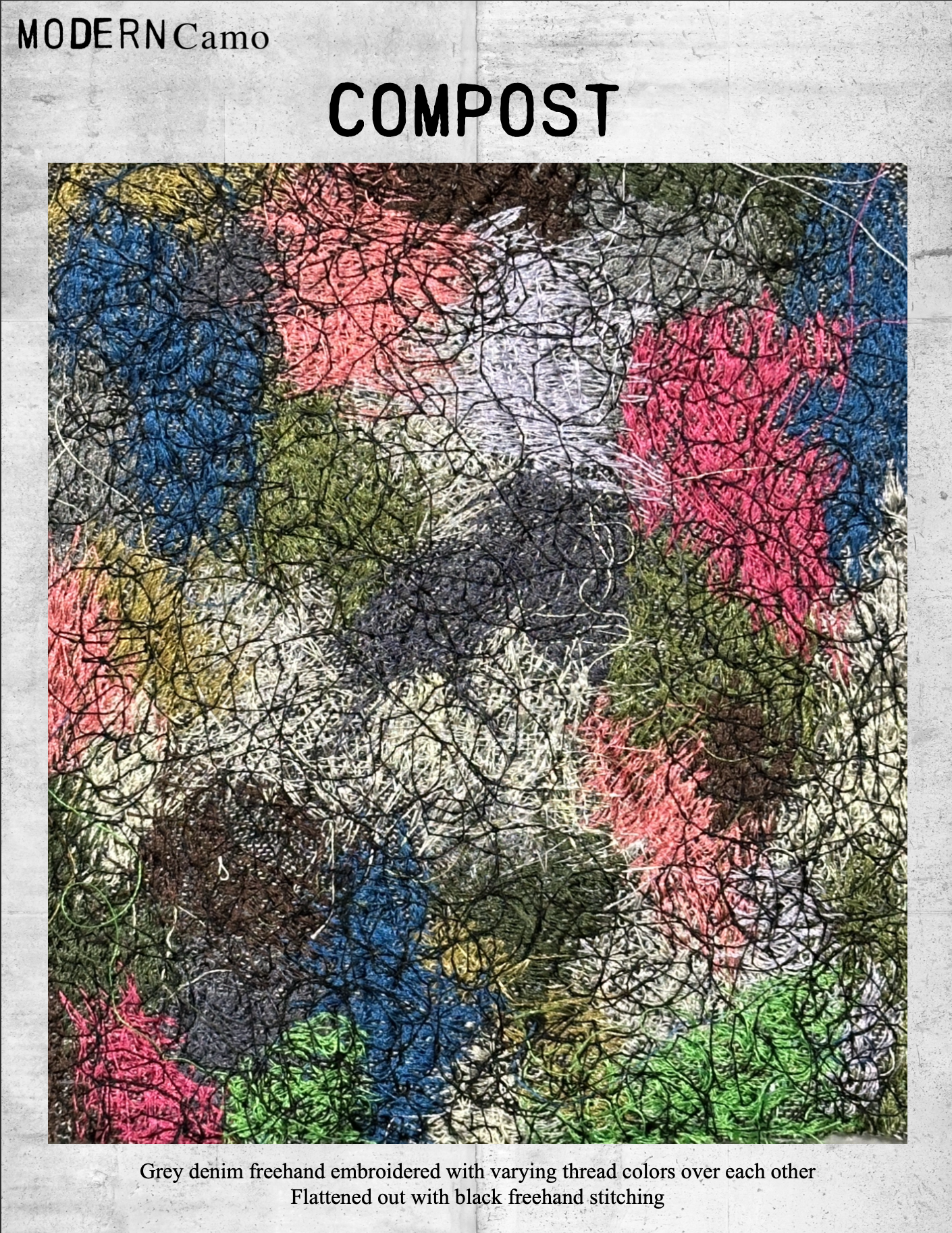 A fabric swatch of grey denim featuring a variety of colorful embroidery threads in pink, blue, green, yellow, brown, and white, arranged in a scattered pattern. The embroidery is made of freehand stitched designs with different textures and overlaps