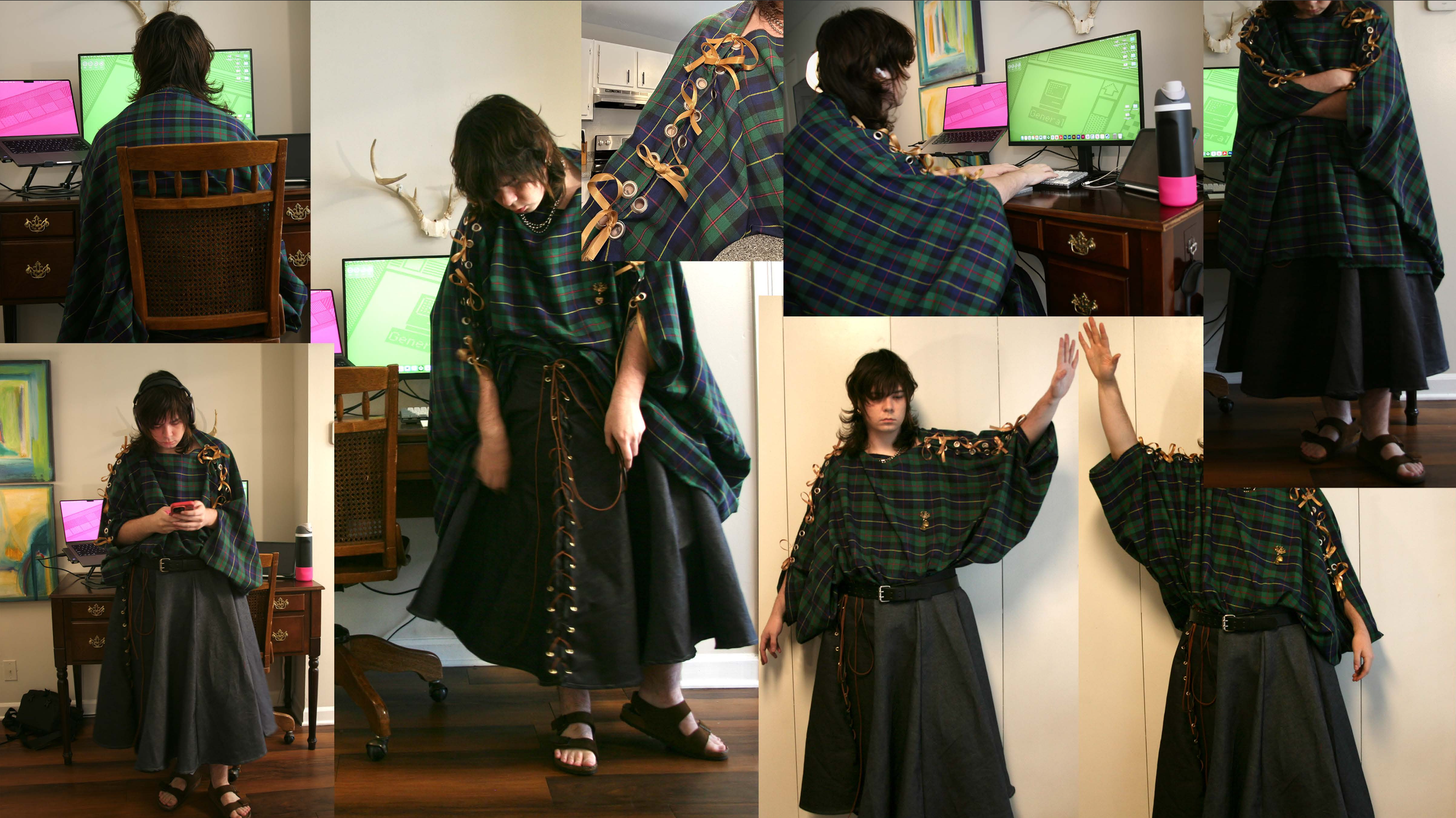 Collage of a young woman with dark hair wearing a green plaid top with gold embellishments, a dark skirt, and sandals. She is in various indoor settings, including sitting at a desk with two monitors, standing with her arms crossed, looking at her ph
