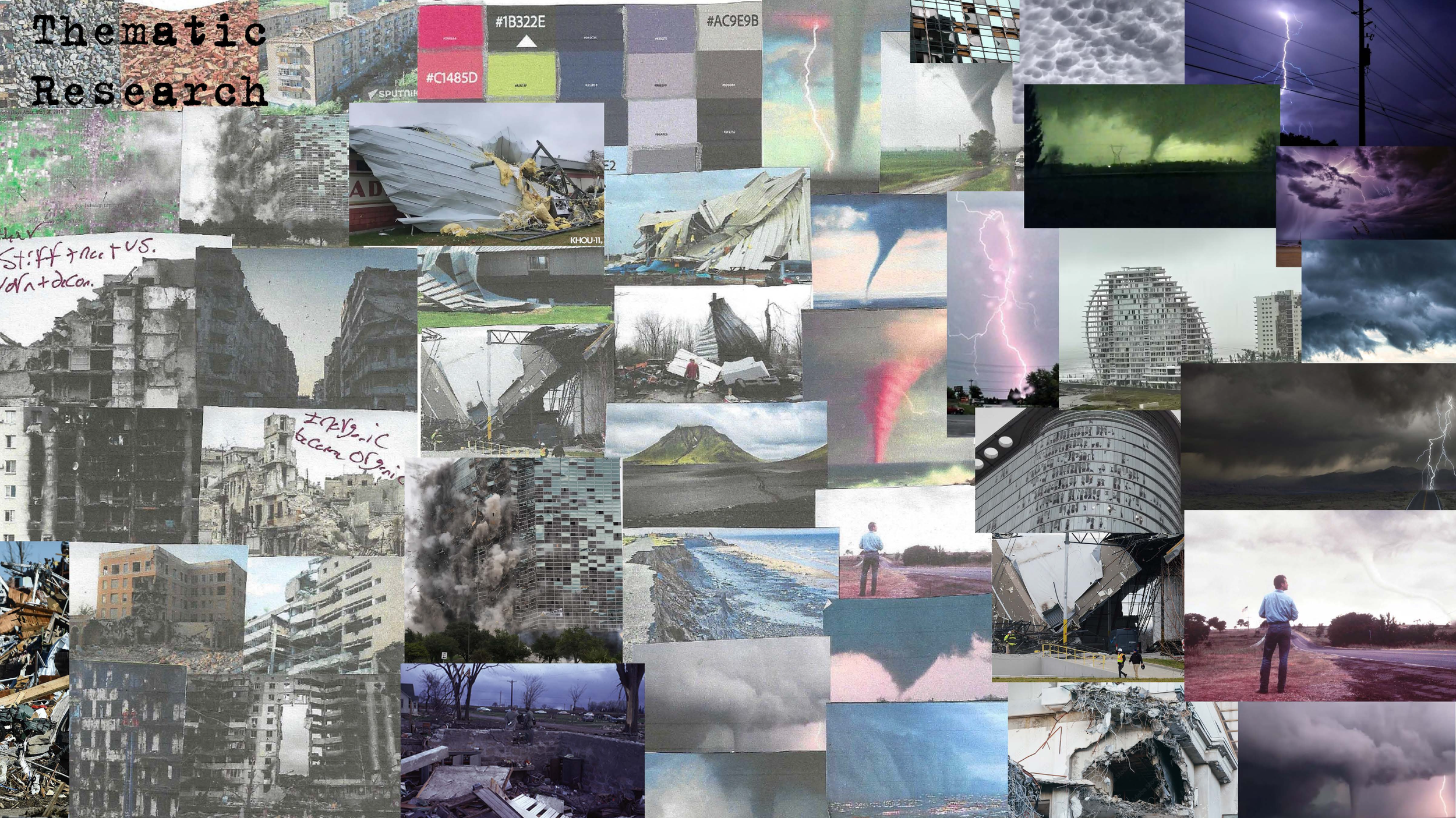 Collage of images showing natural disasters like tornadoes, lightning storms, volcanic eruption, and destruction of buildings, with the text 'Thematic Research' in the top left.