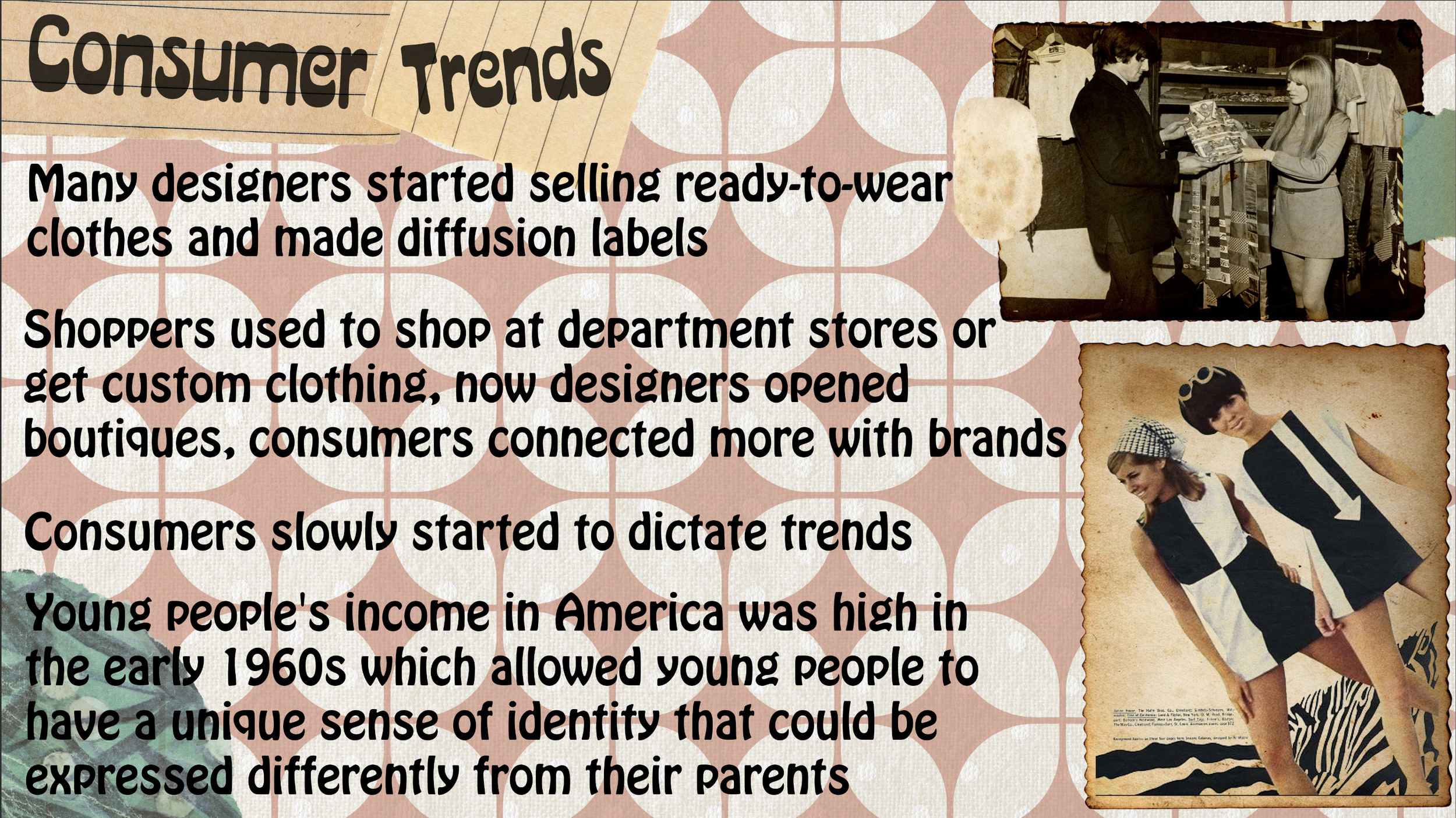 A collage highlighting 1960s fashion trends with text and vintage photos of young people in 1960s clothing. The background features a pink and white geometric pattern, with two vintage photographs of fashionably dressed young individuals.