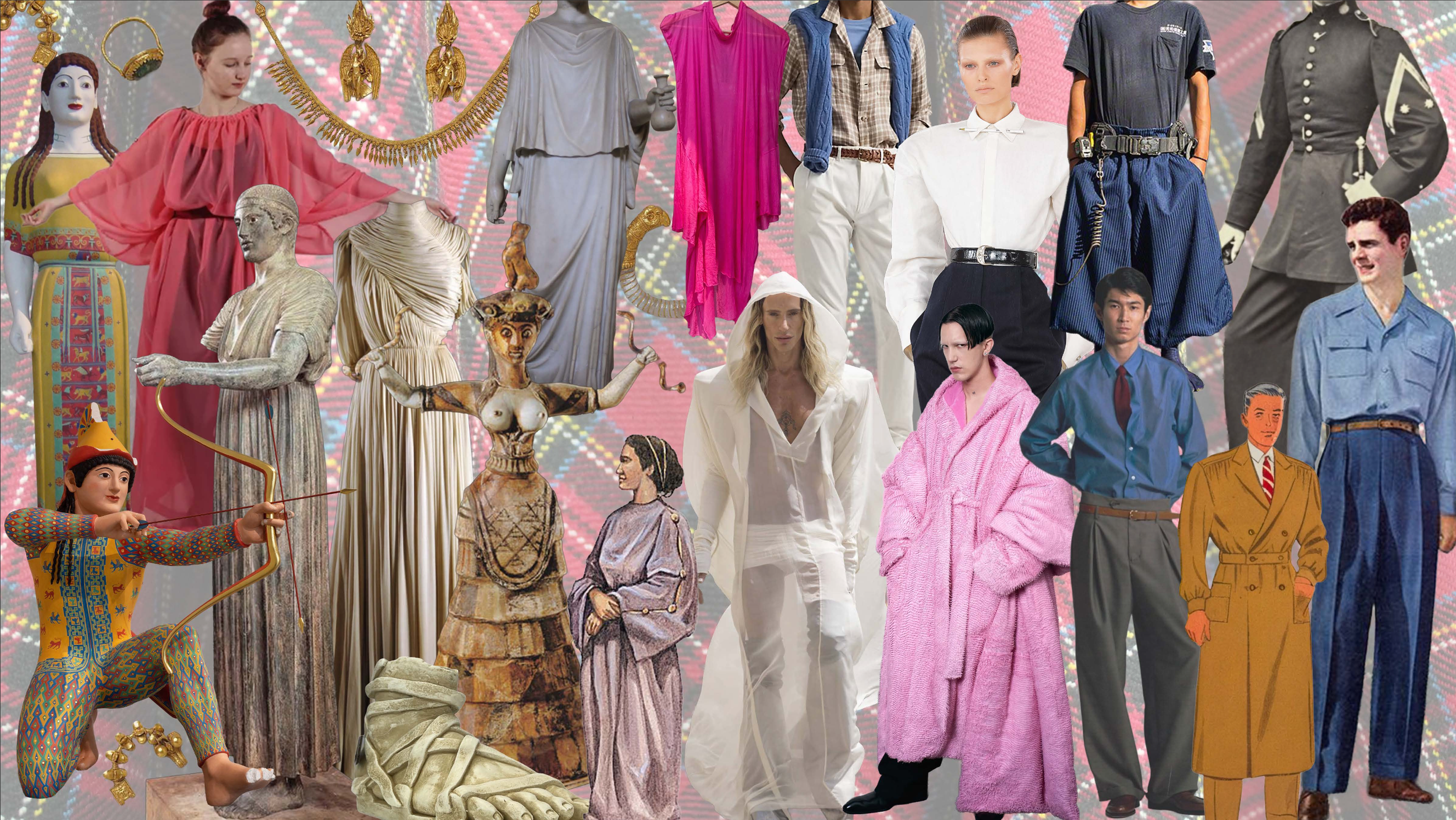 Collage of various fashion styles, historical and modern, including ancient statues, vintage clothing, contemporary models, and cartoon characters.
