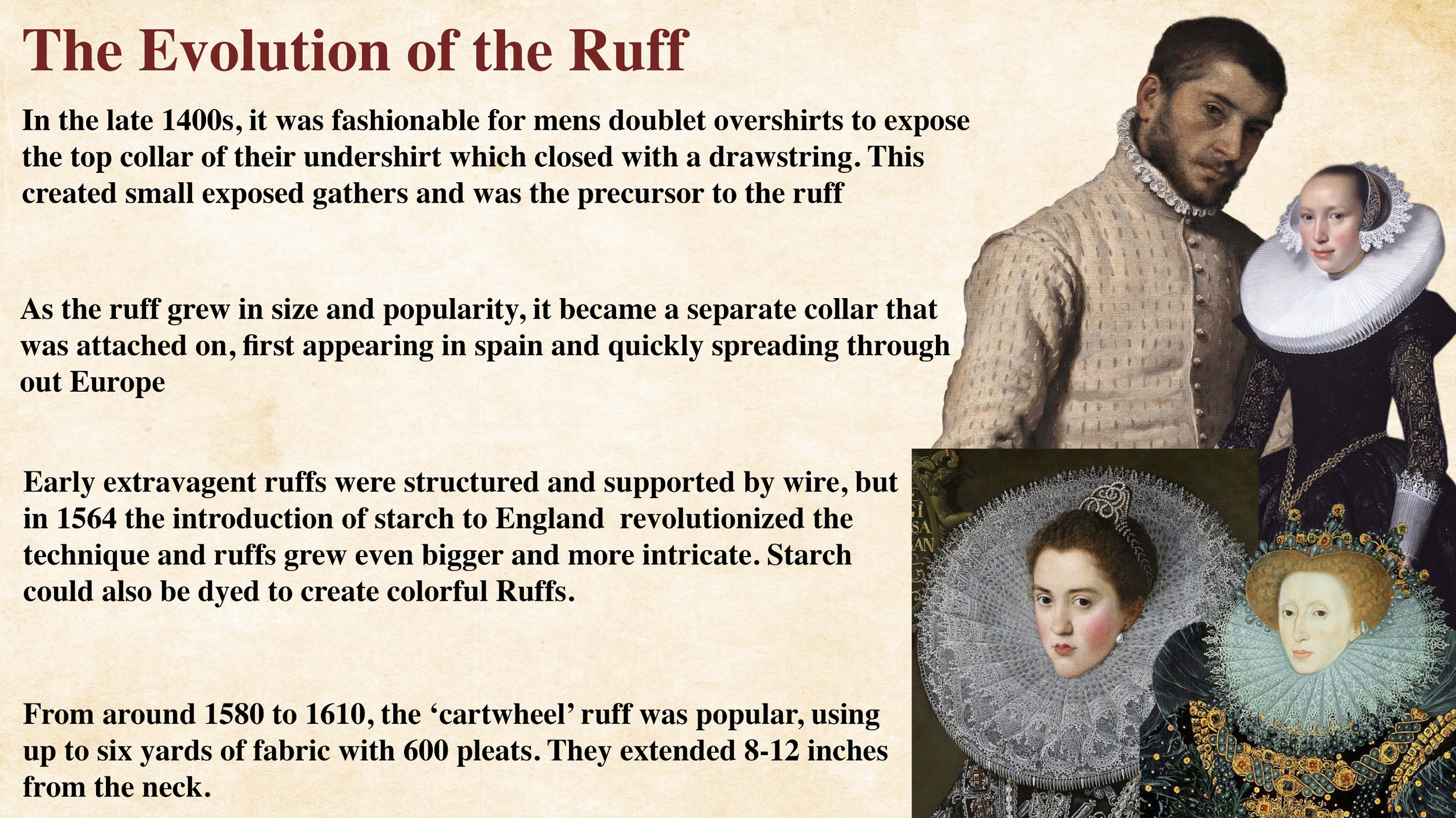 Historical images of women wearing elaborate ruffs with lace and lace collars, and men in period clothing, illustrating the evolution of ruffs from the late 1400s to early 1600s.
