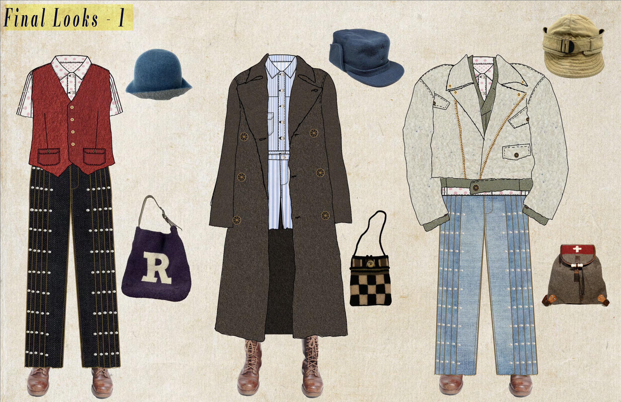 Three different outfits laid out for final looks, each with accessories. The first outfit has a plaid shirt, red vest, black pants with white dots, a blue hat, and pink shoes, with a purple bag. The second outfit features a blue cap, striped shirt, l
