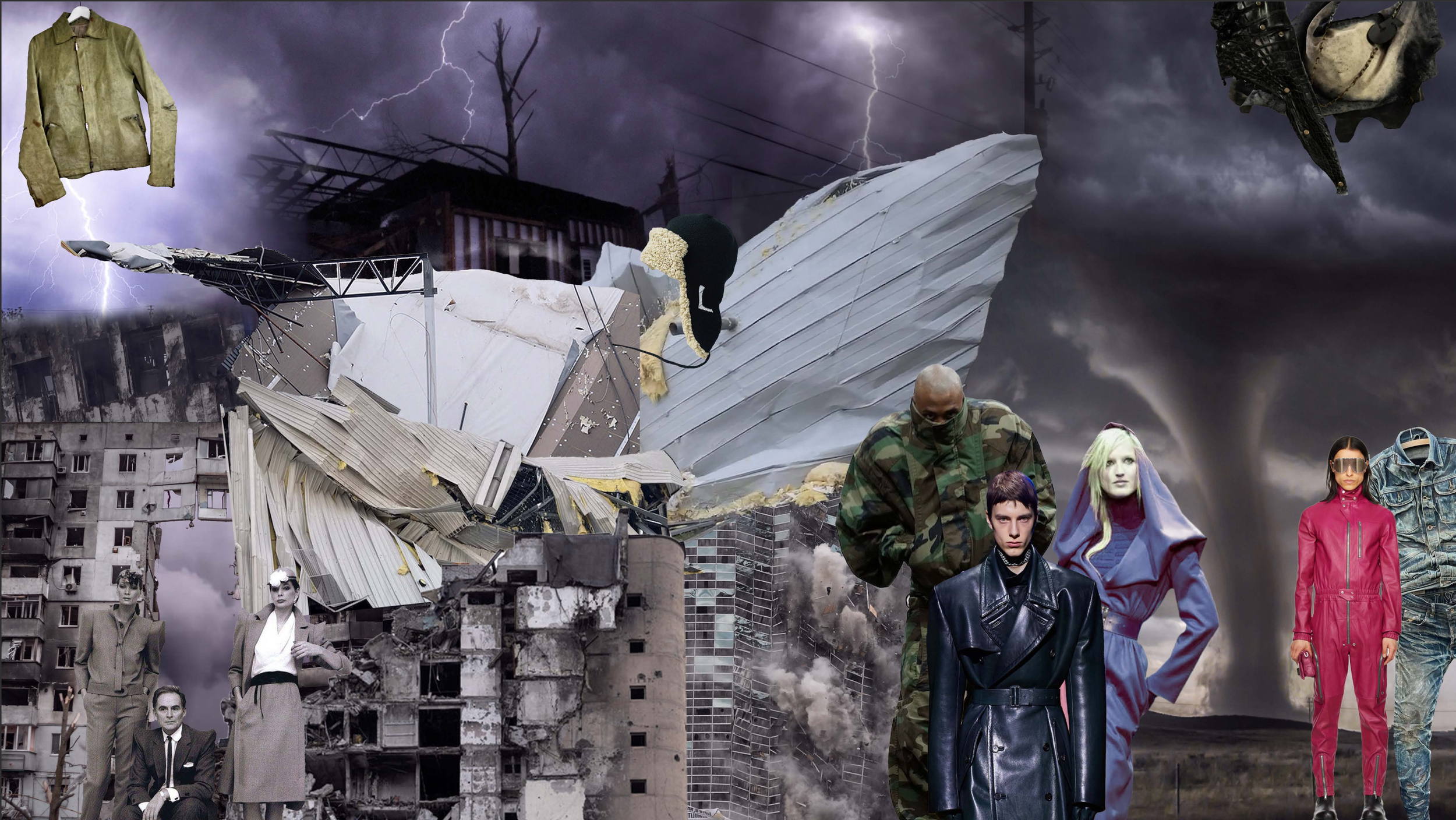A collage of images including a stormy sky with lightning and tornado, destroyed buildings, and various people in fashion and military attire.
