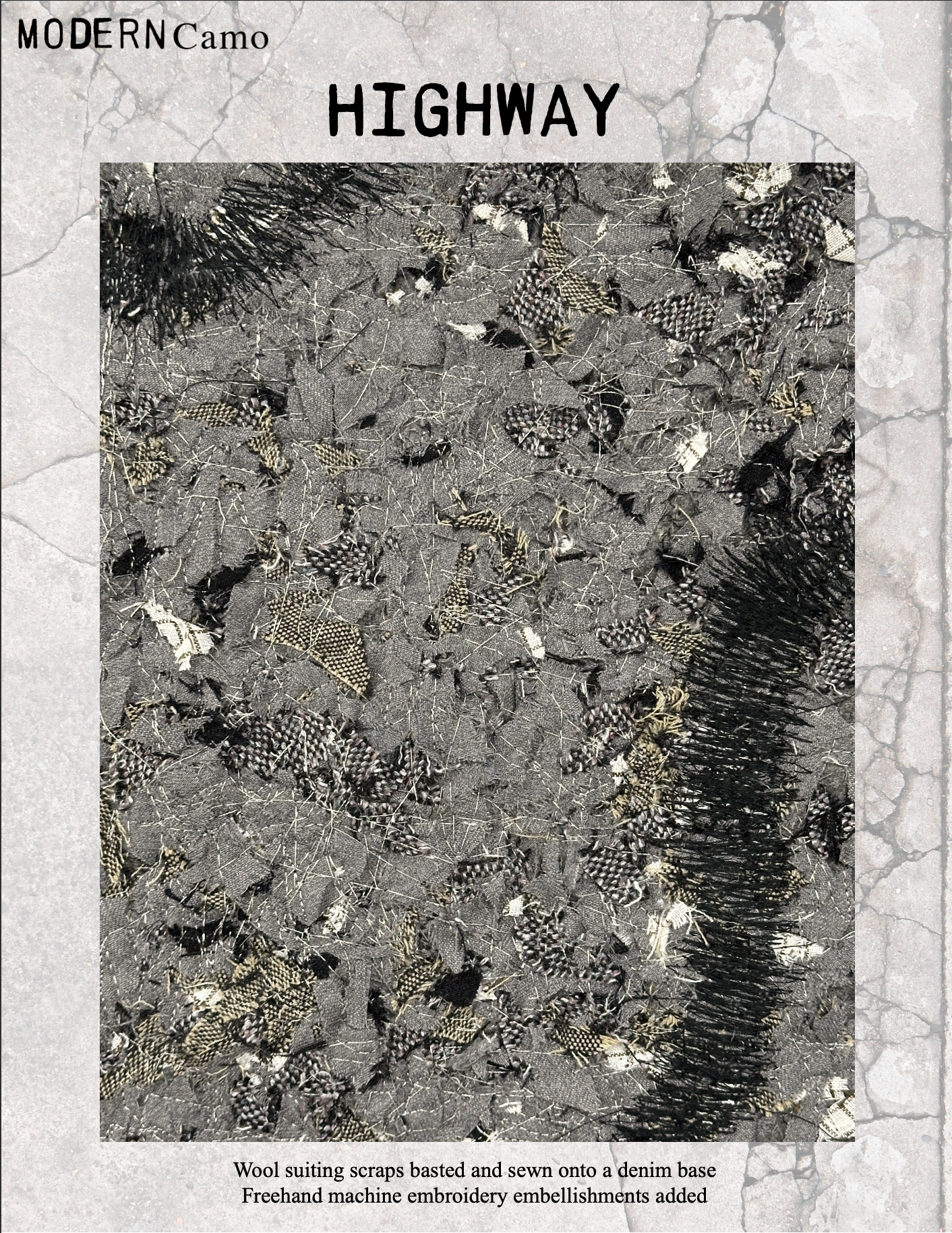 Close-up view of denim fabric with wool scrapes basted and sewn onto it, decorated with freehand embroidery embroidery embellishments, showing a pattern of black, white, and beige threads and textured fibers.