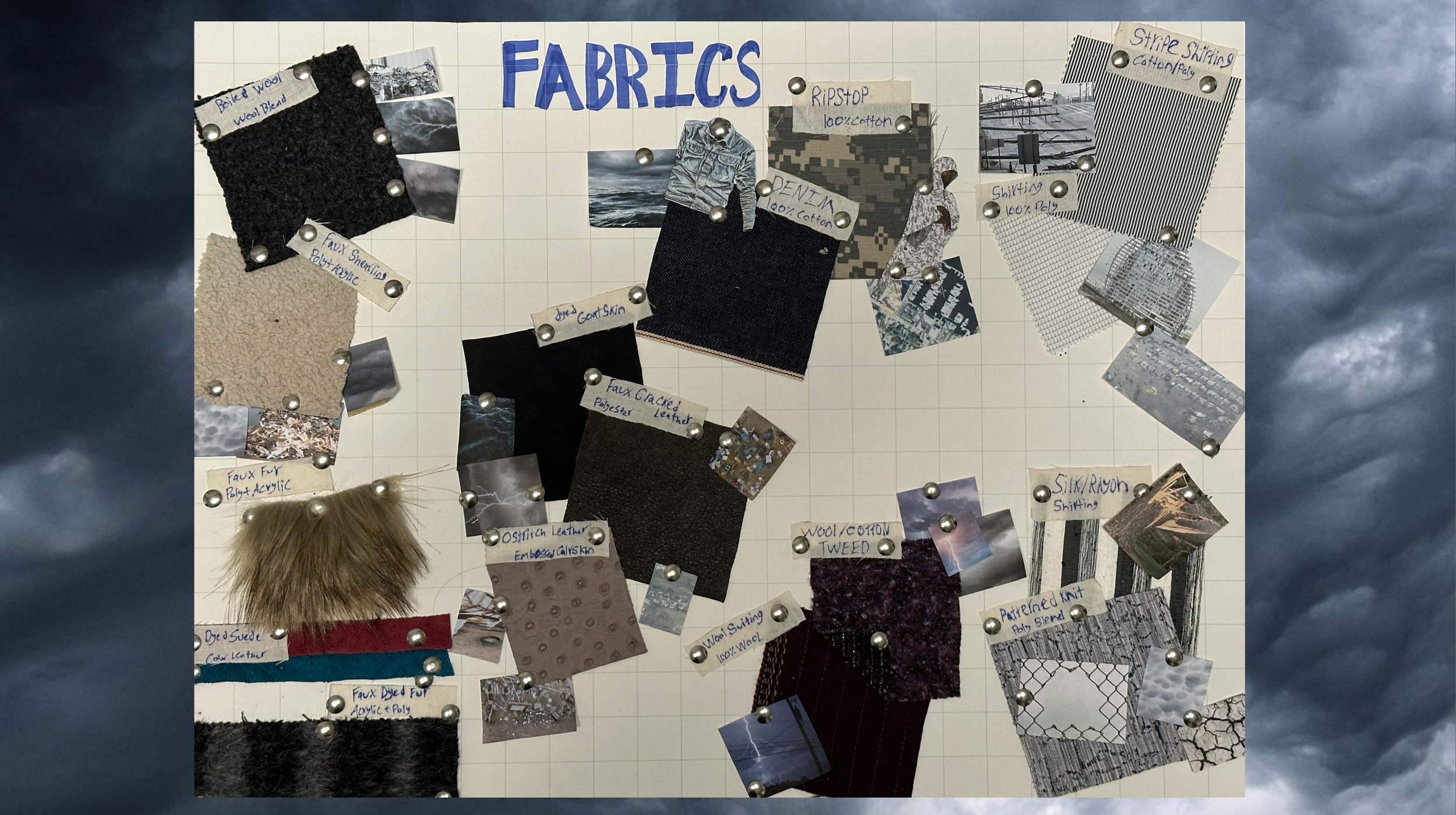 A fabric sample board with various fabric swatches pinned to a grid background, labeled with notes about their materials, including wool, cotton, leather, fleece, and synthetics, and some printed photos of fabric textures and patterns.