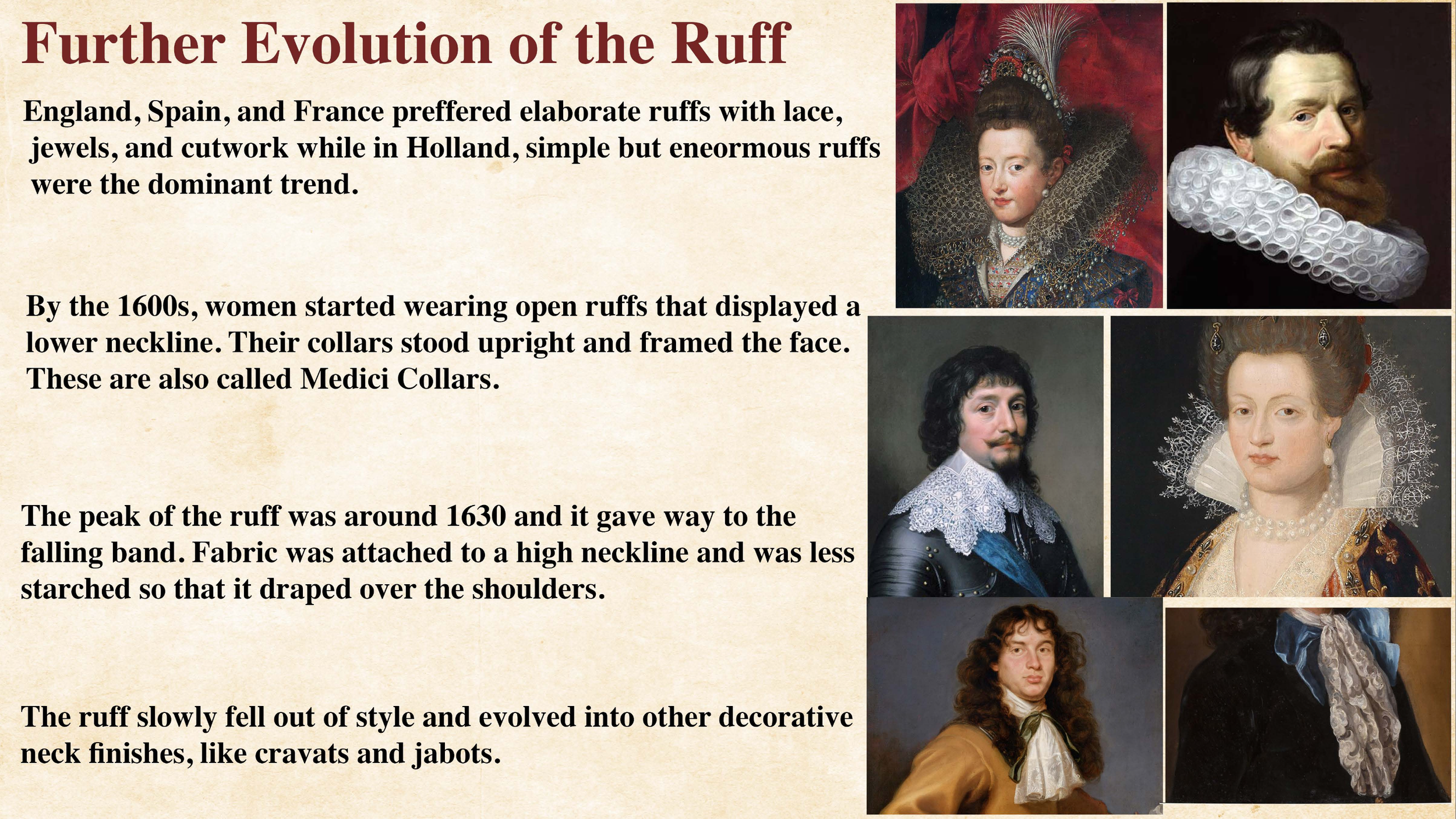 A educational poster titled 'Further Evolution of the Ruff' with text explaining the history and style of ruffs, a fashion accessory, alongside five historical painted portraits of people wearing elaborate ruffs of various styles and sizes.