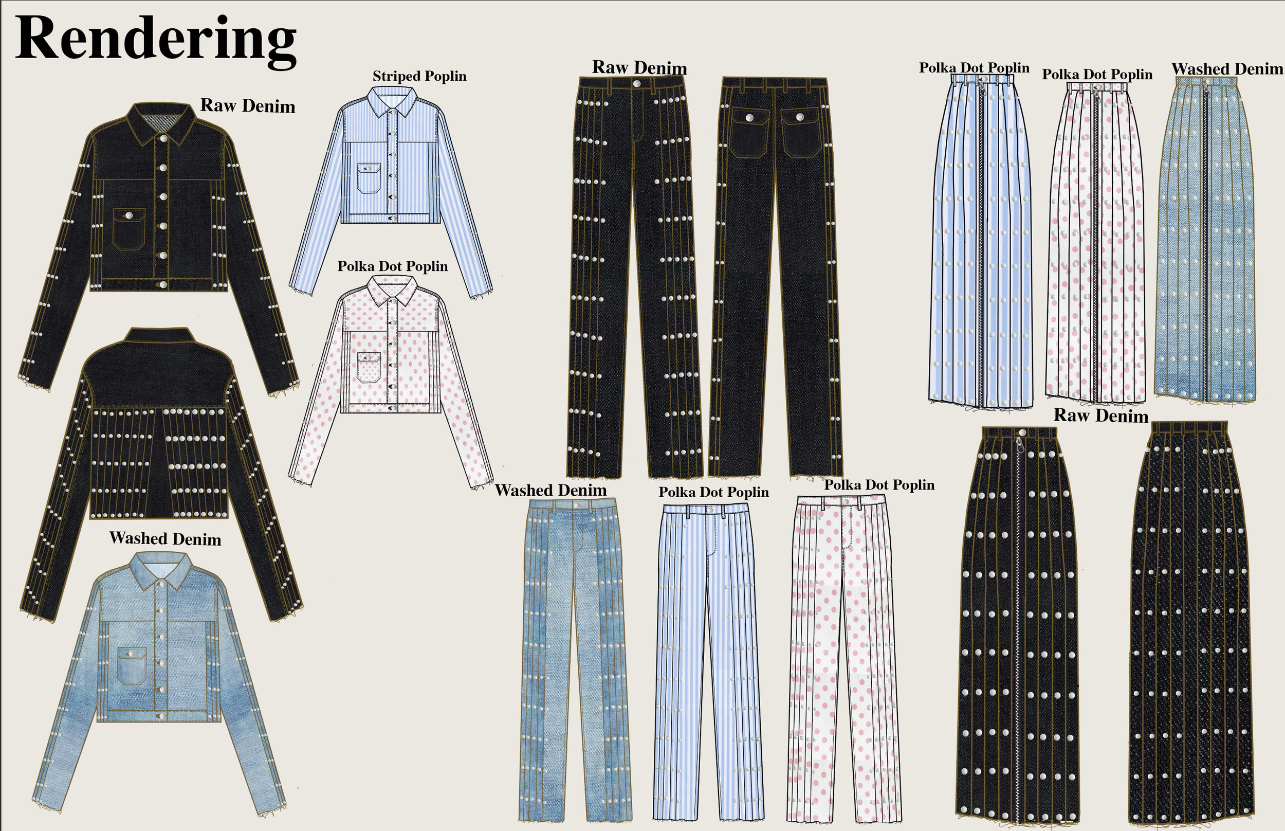 Diagram showing different denim clothing patterns, including jackets and pants, in various styles and colors with labels such as Raw Denim, Washed Denim, Polka Dot Poplin, and Striped Poplin.