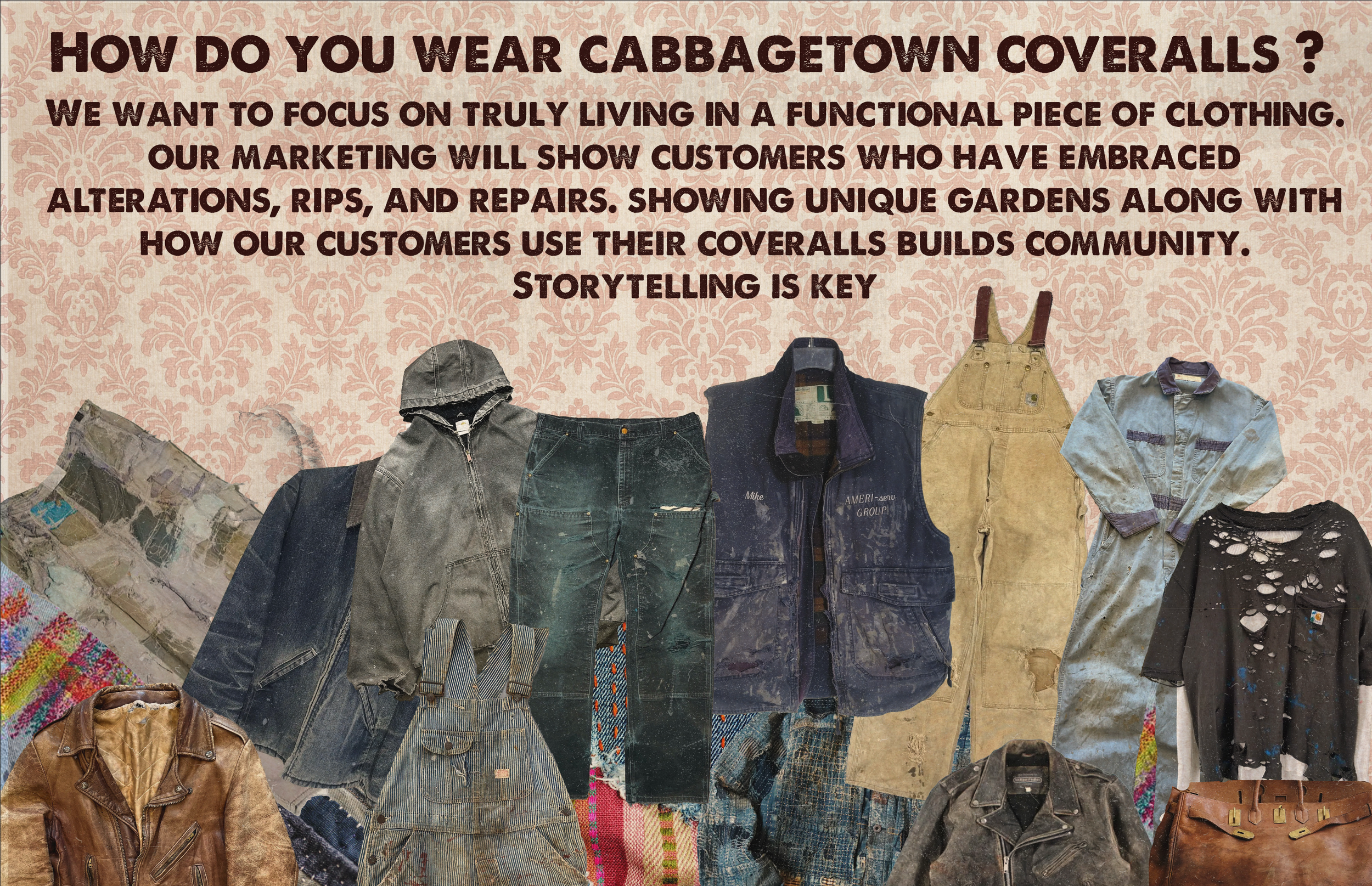 Display of various used and repaired clothing items such as jackets, overalls, shirts, and coveralls, with text about how customers wear and repair coveralls to build community through storytelling.