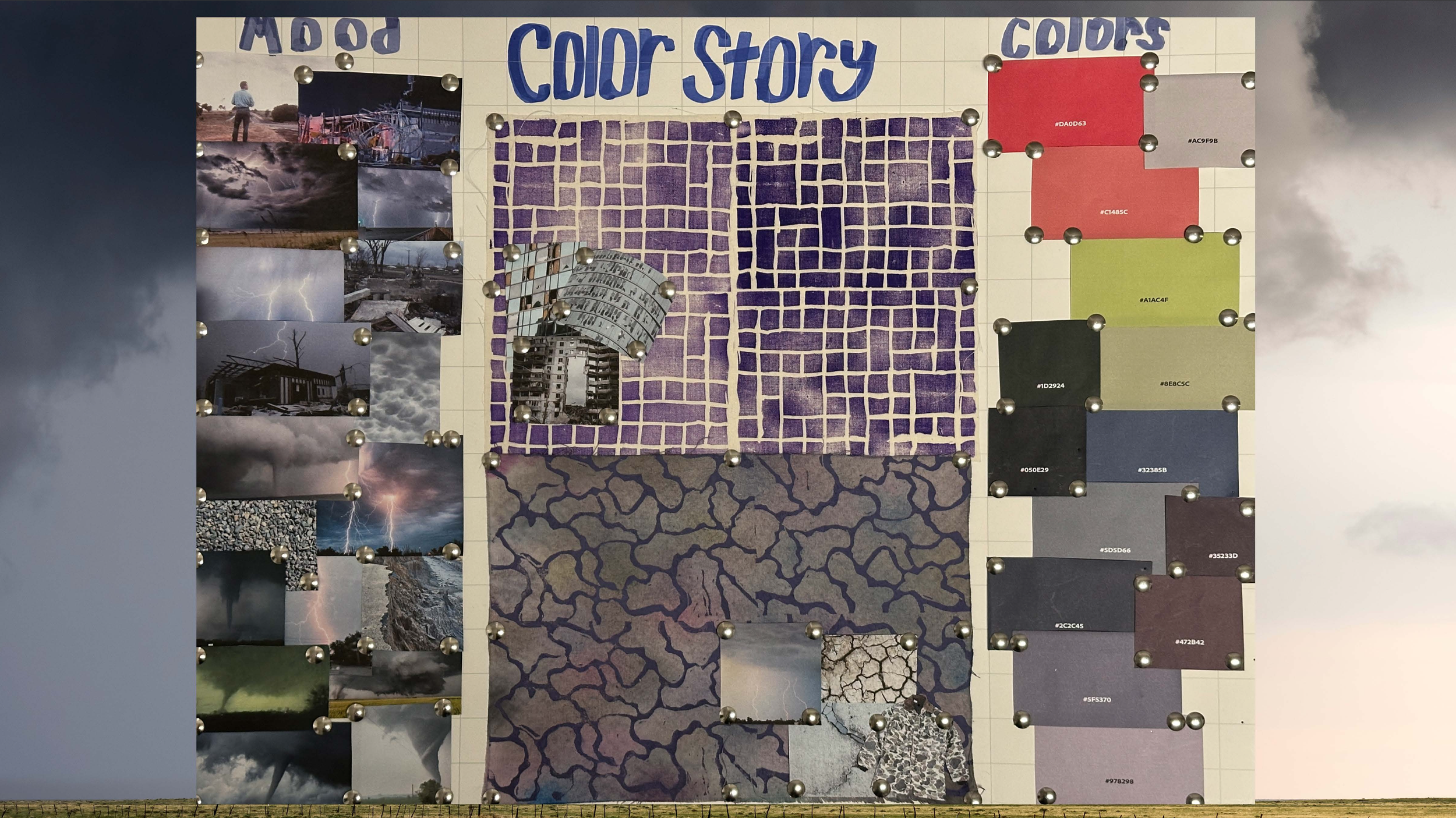A weather-themed collage titled 'Color Story' with sections for mood and colors, including photographs of thunderstorms, lightning, damaged buildings, and cracked earth, alongside color swatches in various shades of red, gray, green, black, purple, a