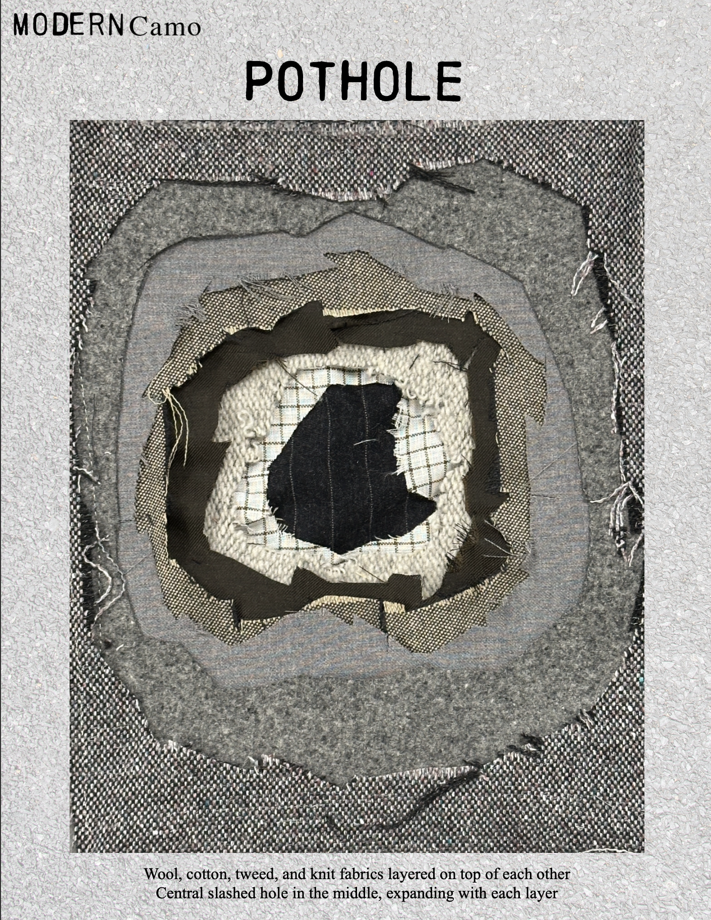 A fabric art piece showing layered textiles in gray, black, white, and beige, arranged to resemble a stylized eye or target, with a central slashed hole. The top text reads 'MODERN Camo POTHOLE'.