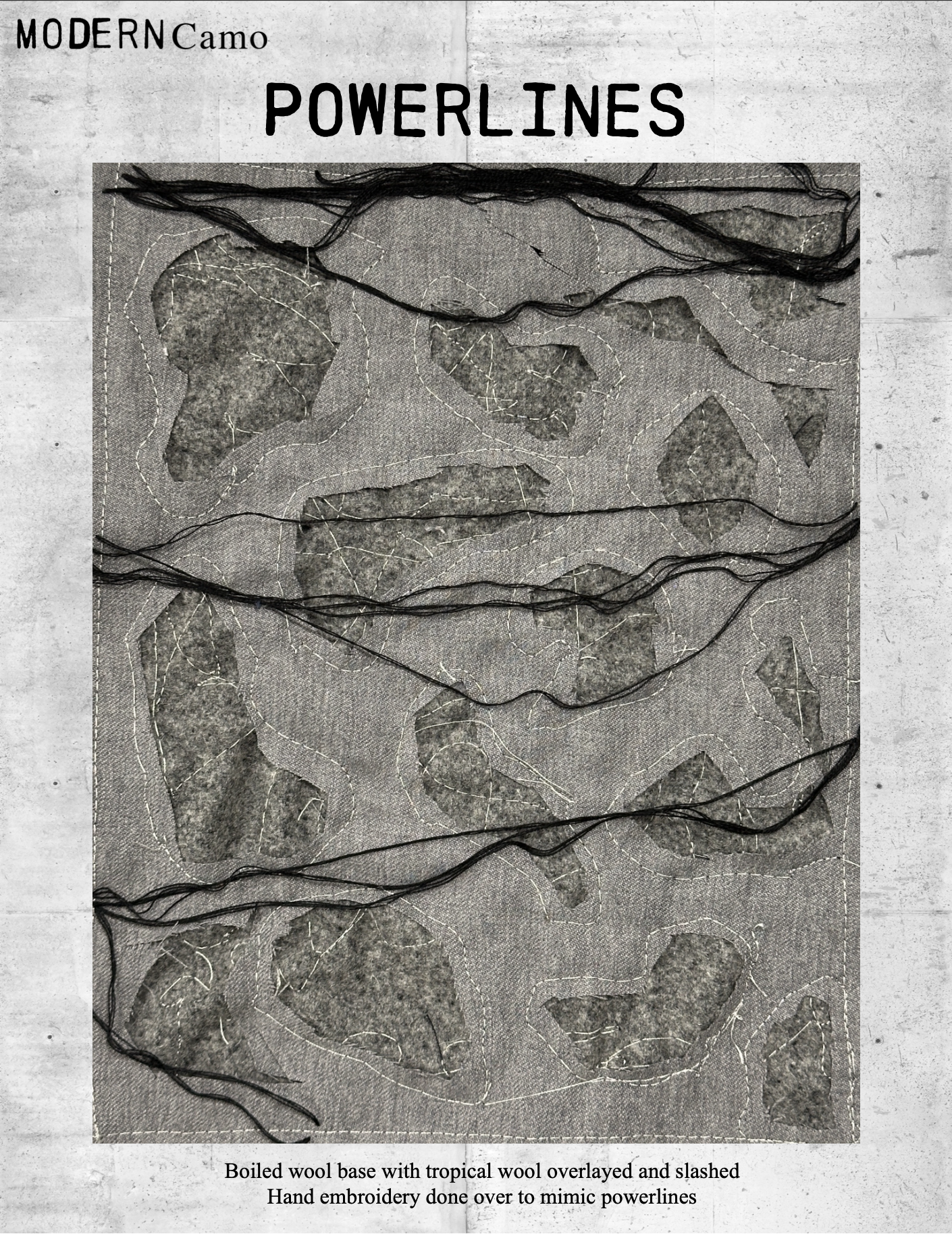 Close-up of a textile art piece titled "Powerlines," featuring a boiled wool base with tropical wool overlay and slashed areas, with black hand-embroidered powerlines over the fabric.