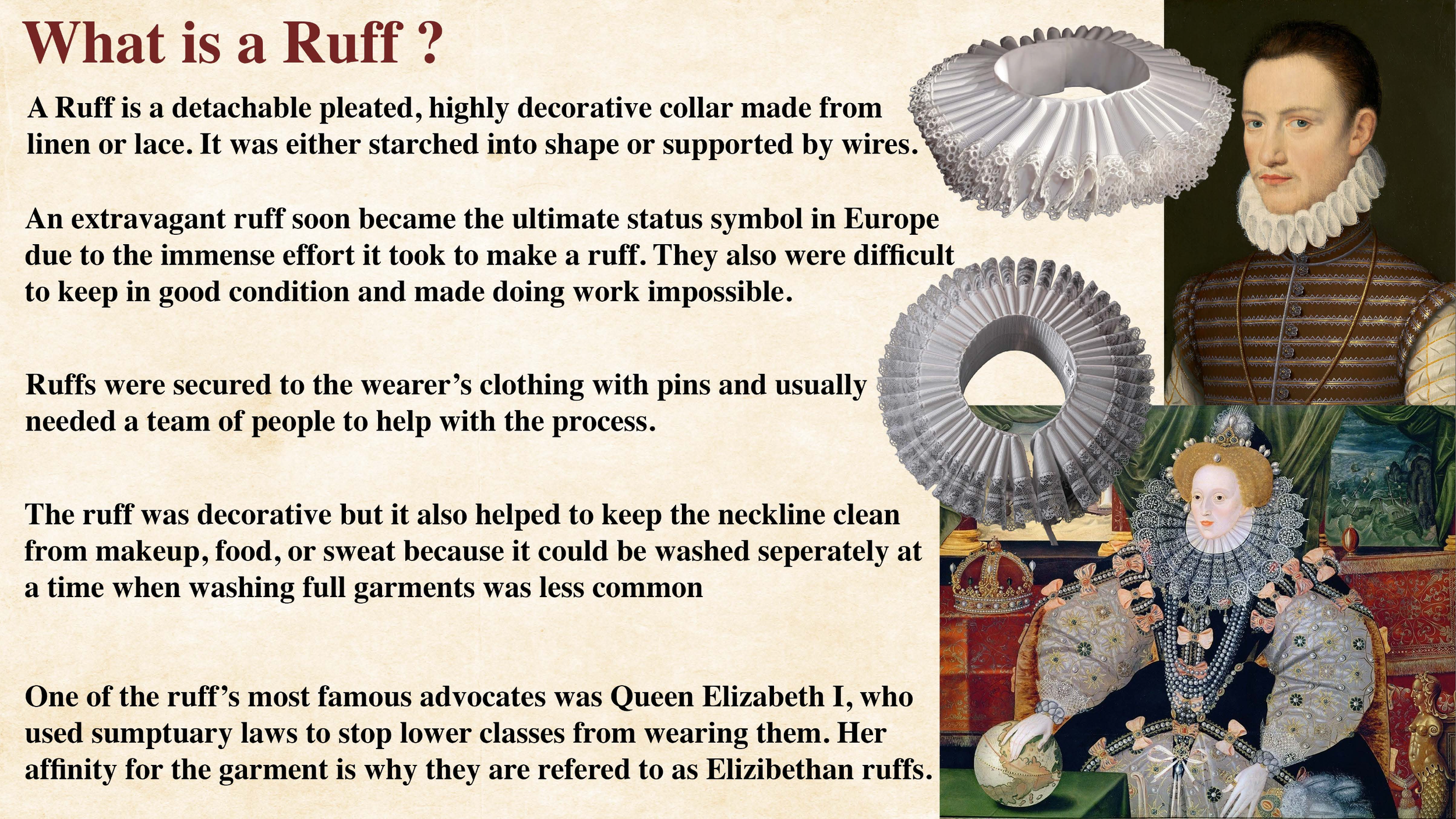 An informative poster about ruffs, featuring historical images of ruffs and portraits of Queen Elizabeth I, with detailed descriptions of their use and significance in European history.