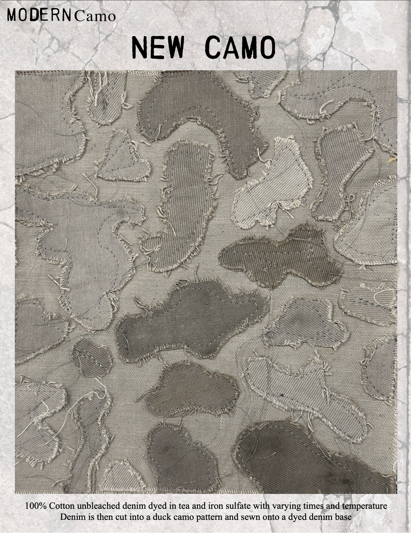 Close-up of beige denim fabric with a distressed camouflage pattern, shown with text indicating it is 100% cotton, dyed in tea and iron sulfate, cut into a duck camouflage pattern, sewn onto a dyed denim base.