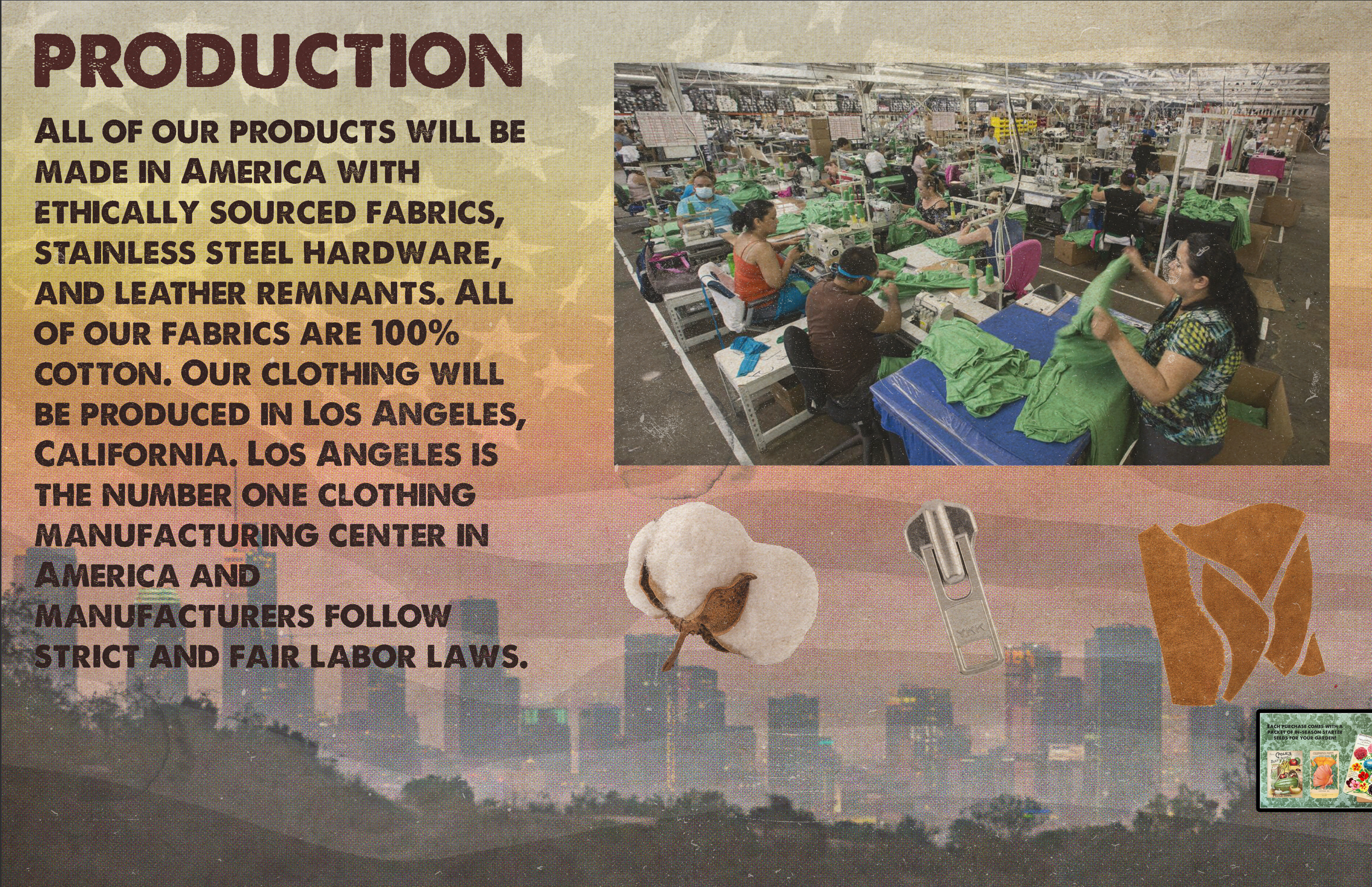 Text on a presentation slide about American manufacturing, with pictures of a factory, cotton, a staple remover, and a cloth bag, and a background of the Los Angeles skyline.