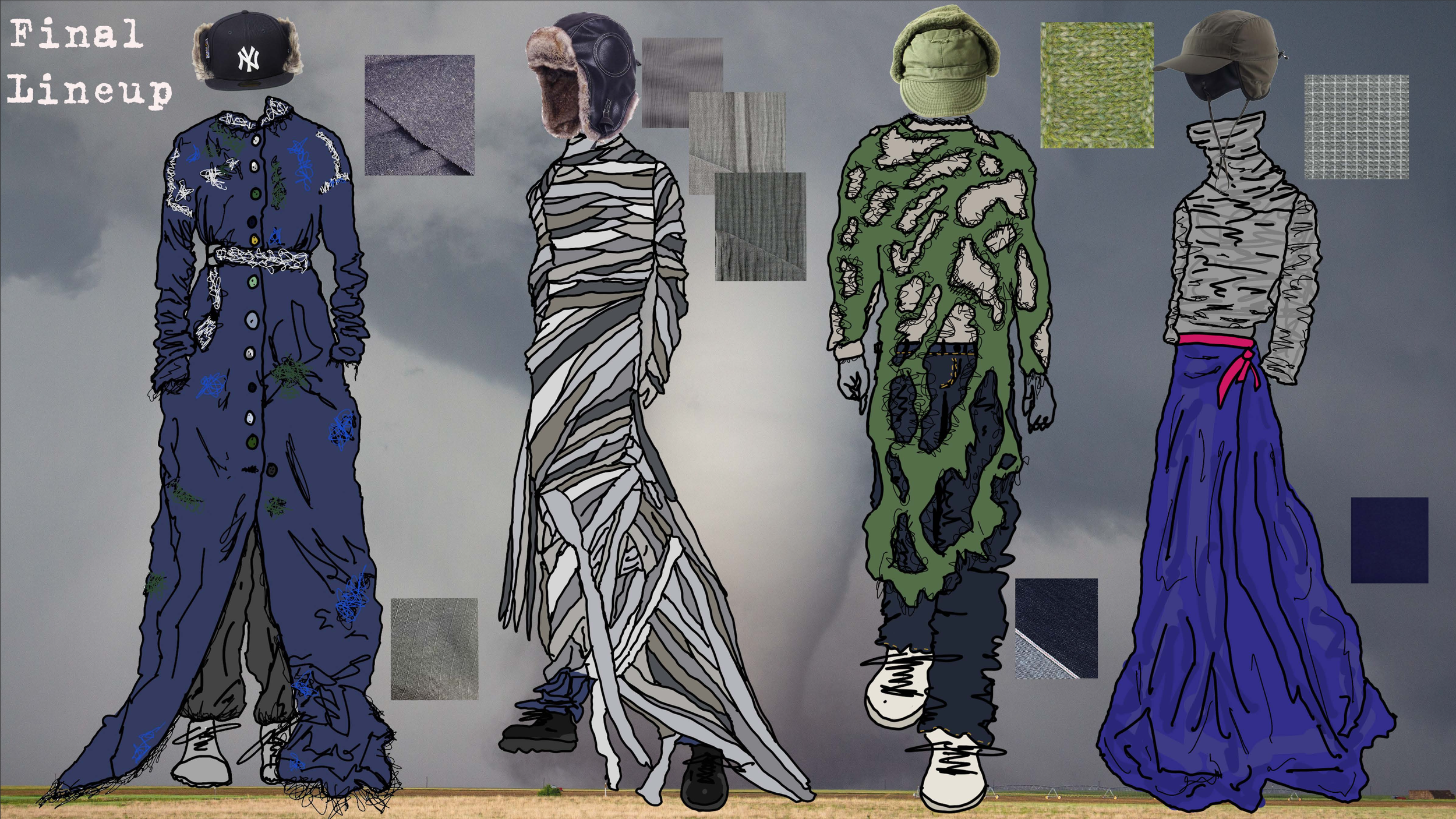 Illustration of four fashion models standing in front of a stormy sky background, wearing eclectic, oversized clothing with hats and accessories.
