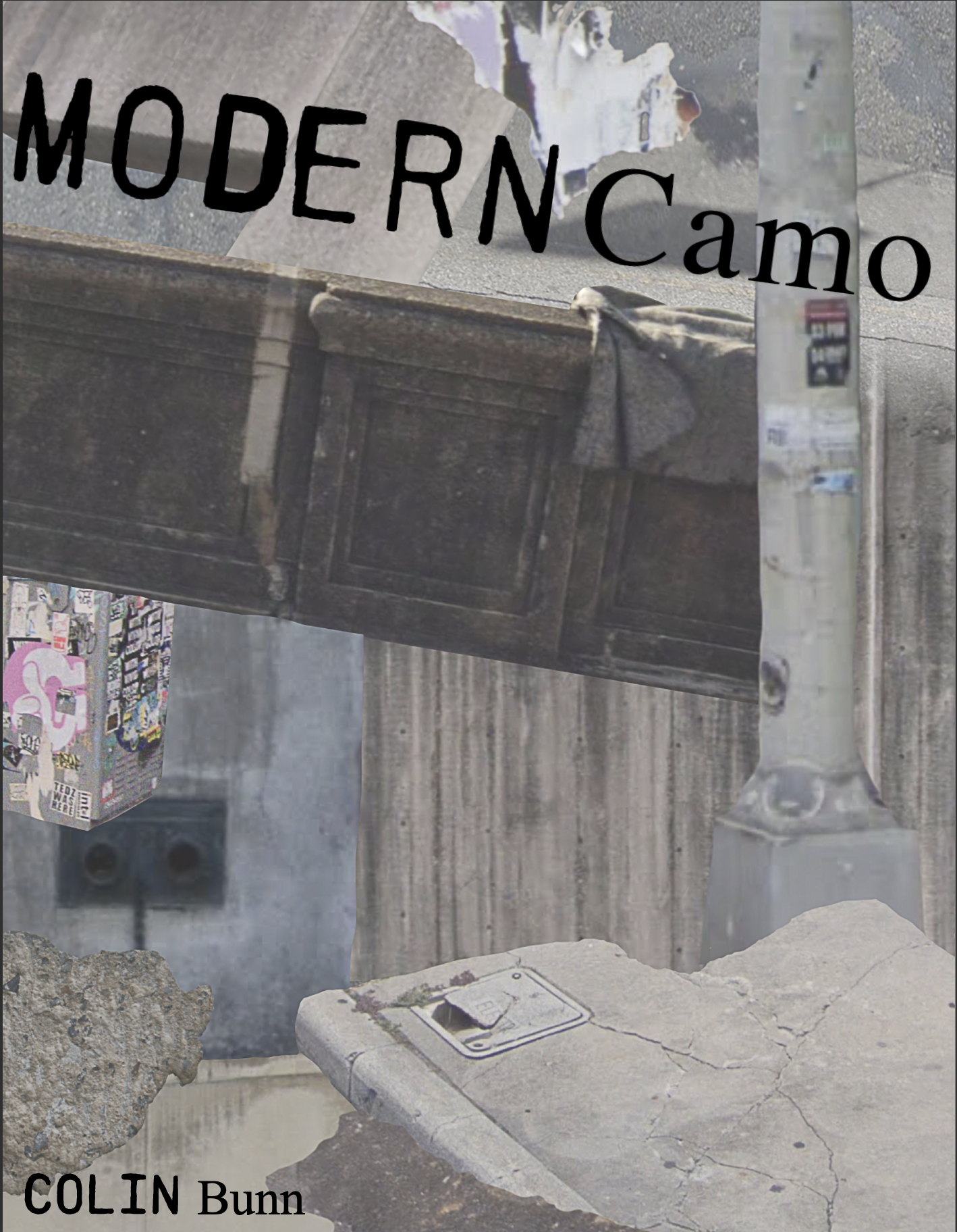 A collage of various urban and vintage objects including a weathered wooden door, a stone surface, a metal street light, a graffiti-covered box, and a cracked concrete surface. The word 'MODERN' in black letters and 'Camo' in black cursive are on the