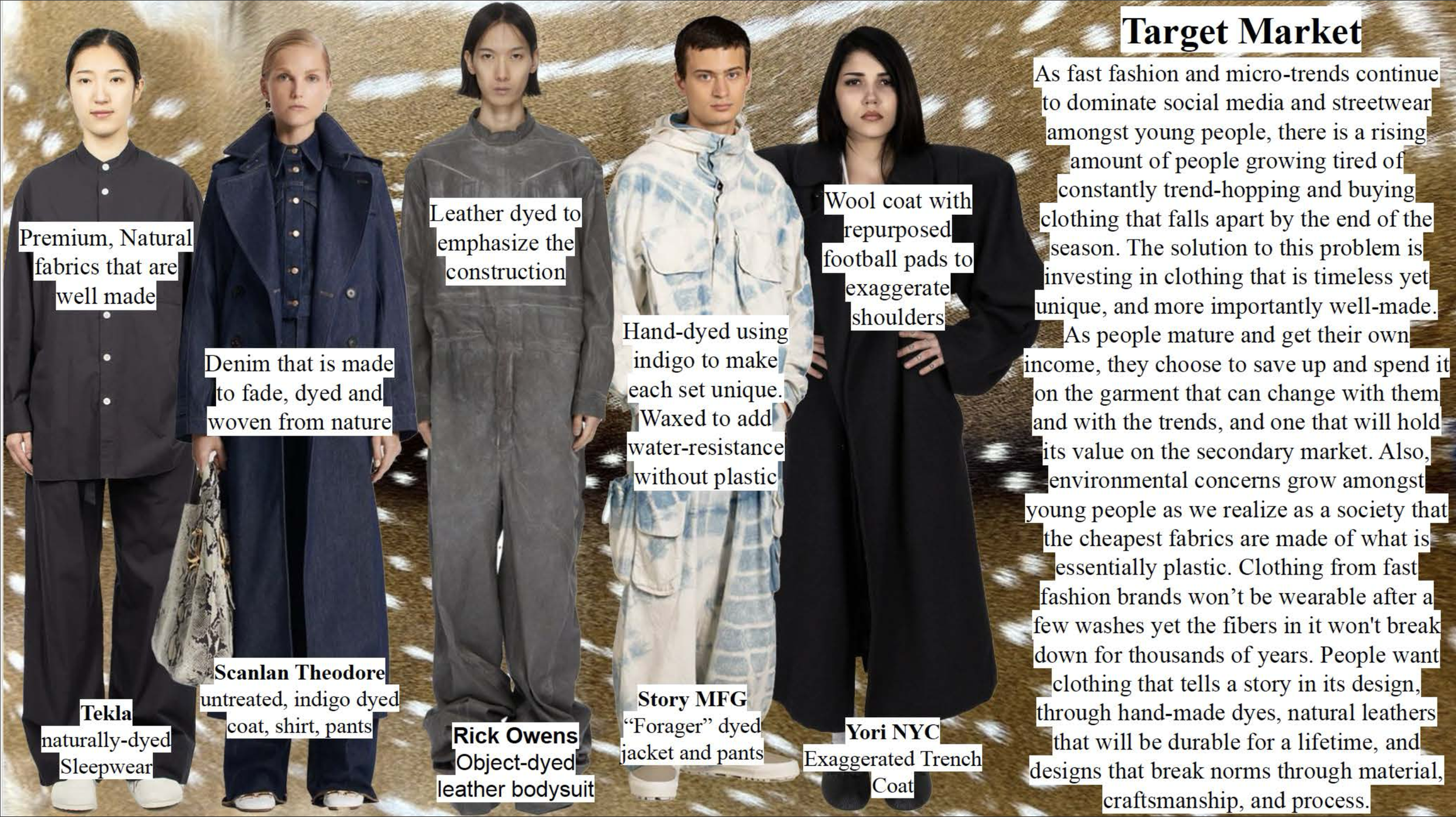 Fashion models wearing sustainable and eco-friendly clothing made from natural, recycled, and handmade materials, with detailed annotations about each outfit, including descriptions of fabrics, dyes, and design processes.