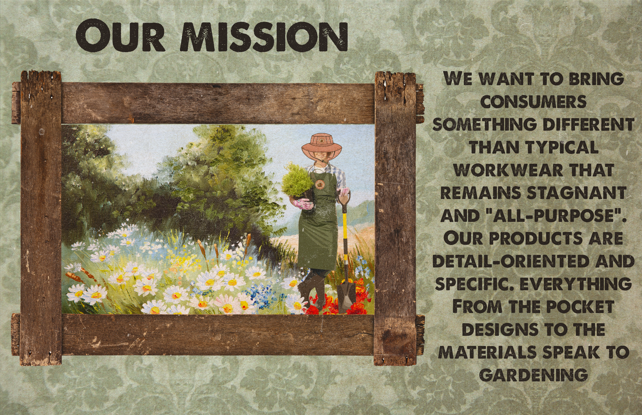 A woman in gardening clothes and a wide-brimmed hat standing in a garden holding a potted plant, with a wooden frame around the image and text about gardening products and their detail-oriented design.