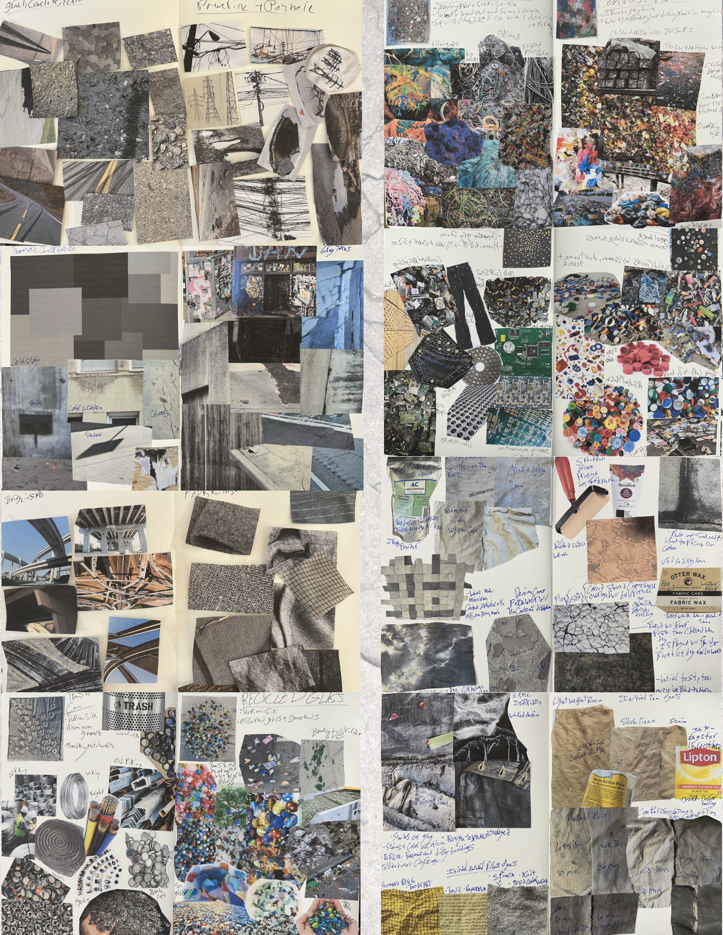 Collage of various images including textures, urban scenes, trash, and colorful objects, with handwritten notes and sketches.