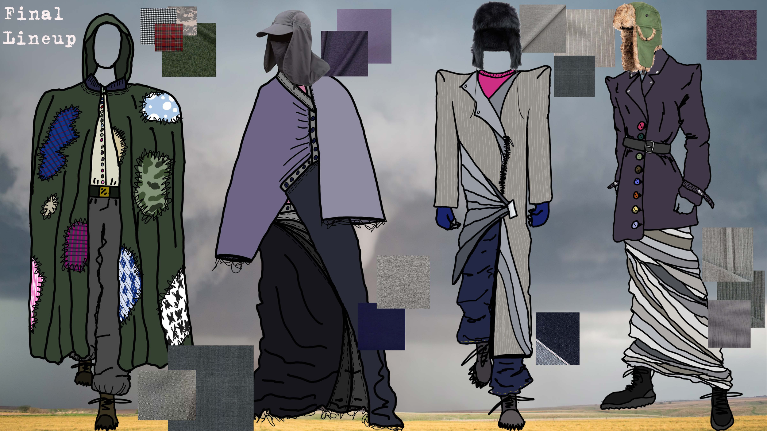 Sketches of four individuals wearing diverse, eclectic outfits, set against a cloudy sky background with scattered fabric swatches and textures.