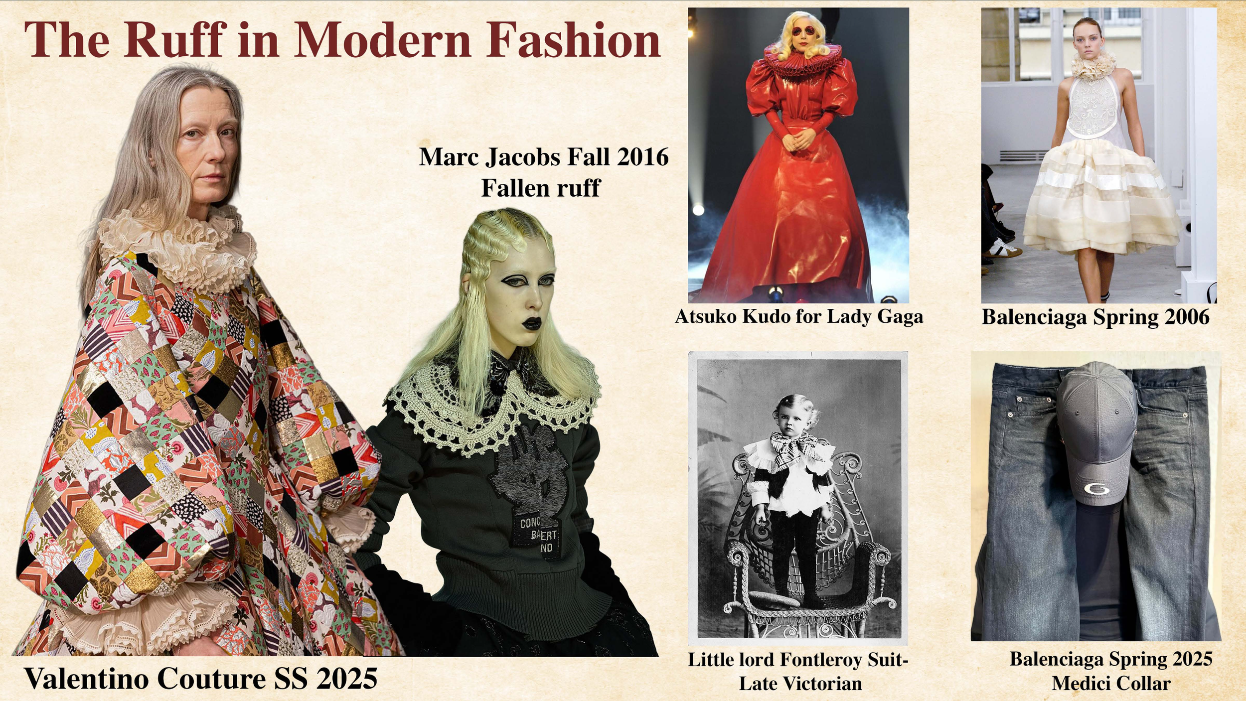 Collage of fashion images with text. Top left features a woman in a patchwork Valentino Couture SS 2025 outfit with large ruffled collar. To her right, a photo of Lady Gaga in a red Atsuko Kudo gown. Below her, a black and white vintage portrait of a